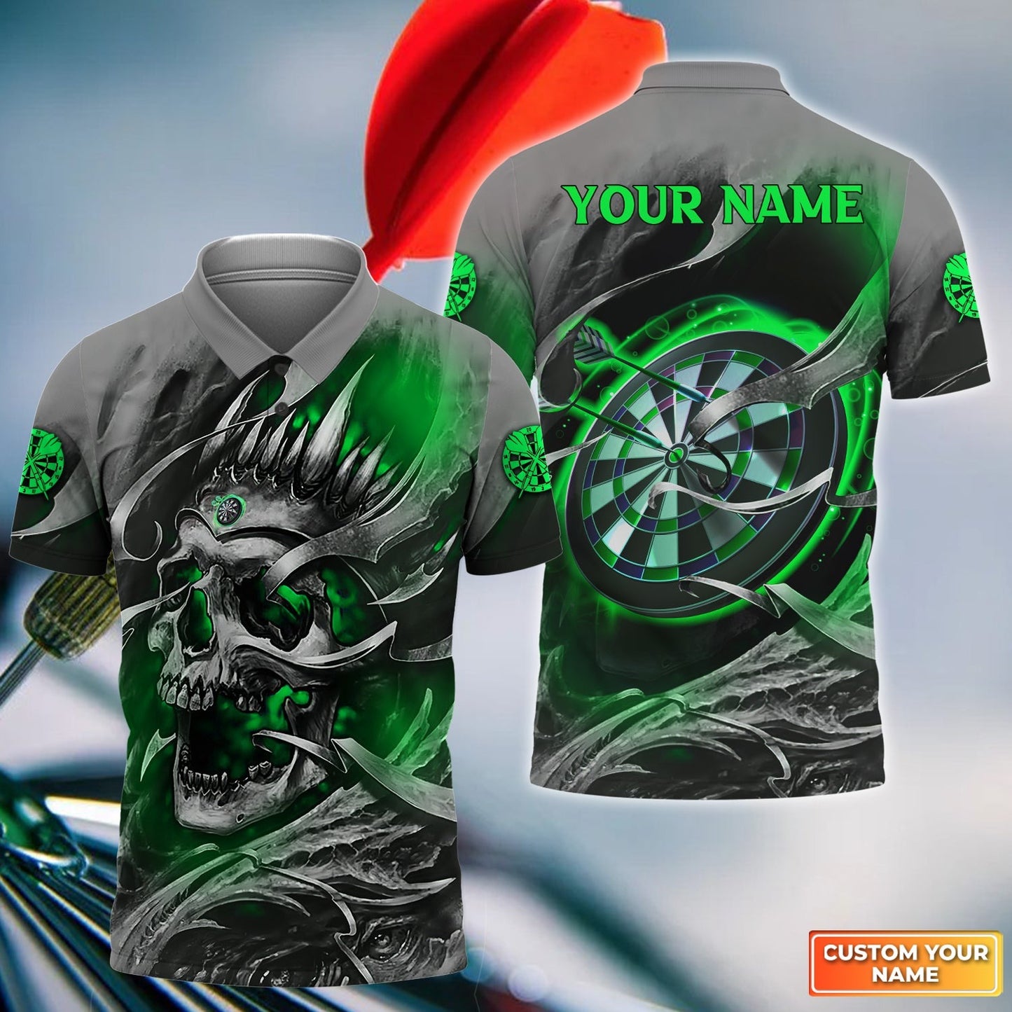 Customized Name Darts Men Polo Shirt, Green Skull Dartboard Personalized Skull And Darts Polo Shirt - Gift For Darts Players Uniforms, Darts Lovers