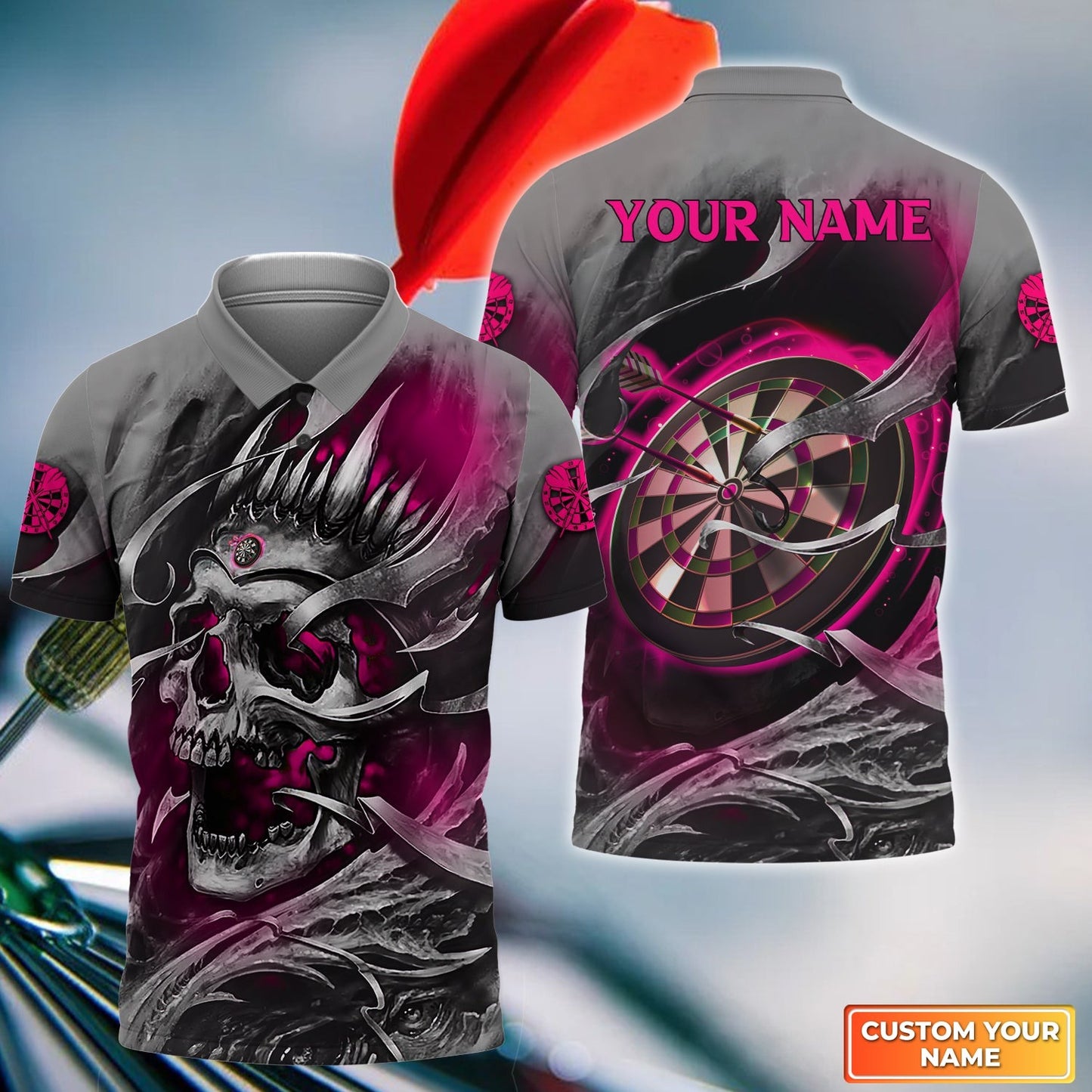 Customized Name Darts Men Polo Shirt, Pink Skull Dartboard Personalized Skull And Darts Polo Shirt - Gift For Darts Players Uniforms, Darts Lovers