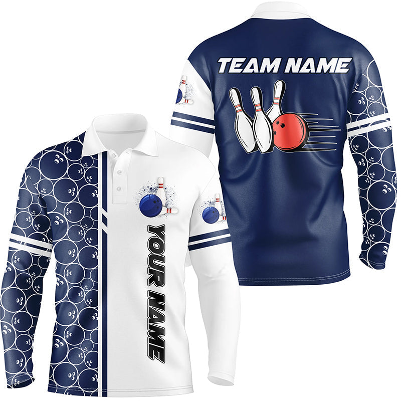 Customized Bowling Team Long Sleeve Polo Shirt, Bowling White And Blue Pattern Shirt Personalized Name And Team Name