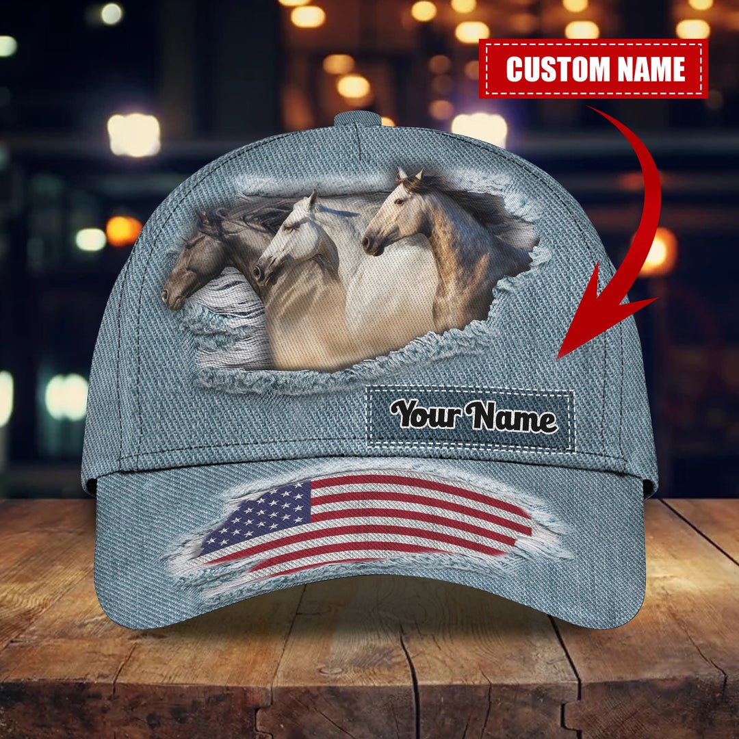 Customized Horse Caps Hat, Horse And American Flag Denim Pattern Hats, Best Farm Hat Gift For Men Women July 4th