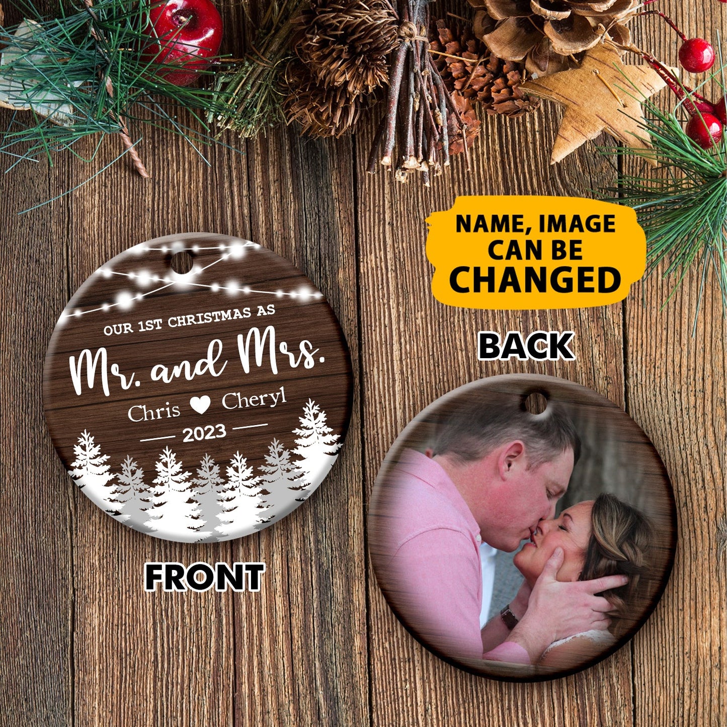New Married Couple Ornaments Customized Photo And Name Our 1st Christmas Double Sided Printed Ceramic Circle Ornament