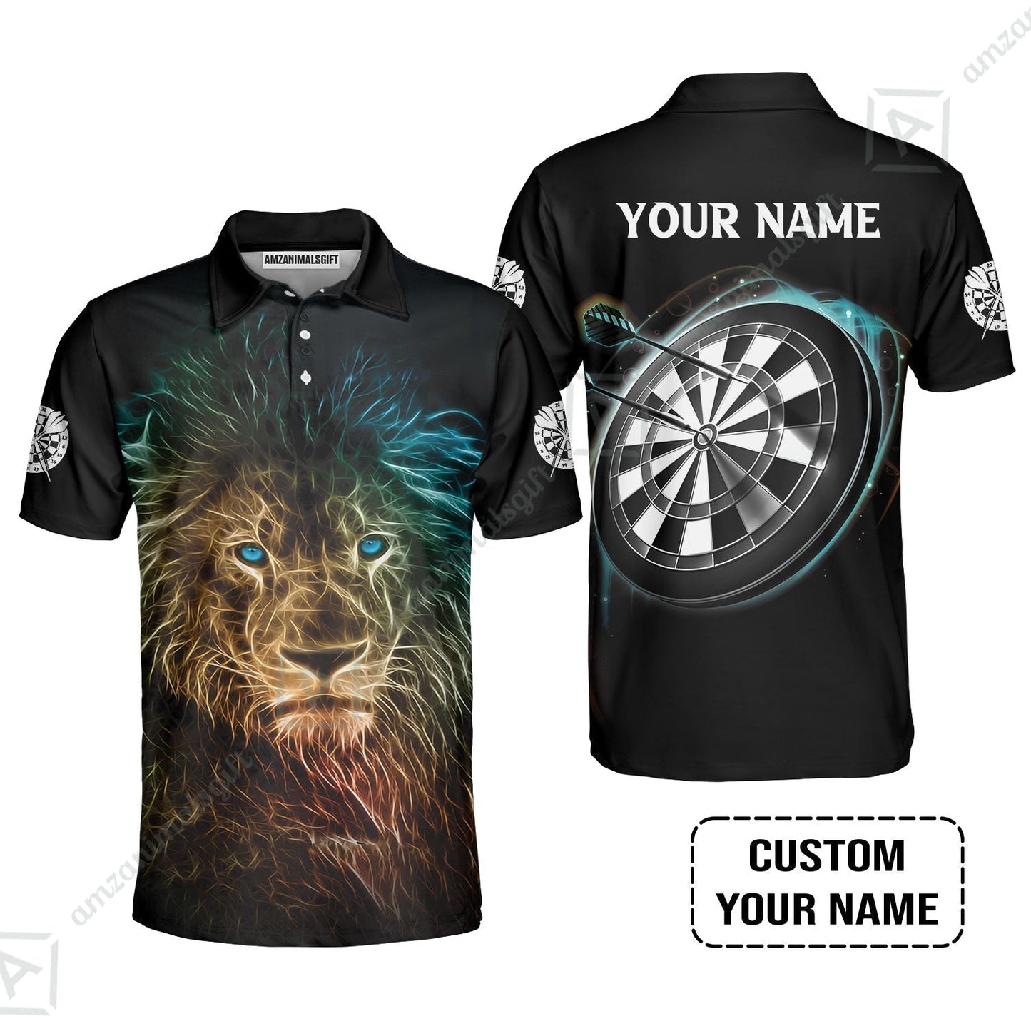 Customized Name Darts T-Shirt, Blue Bullseye Dartboard Personalized Lion And Darts T-Shirt