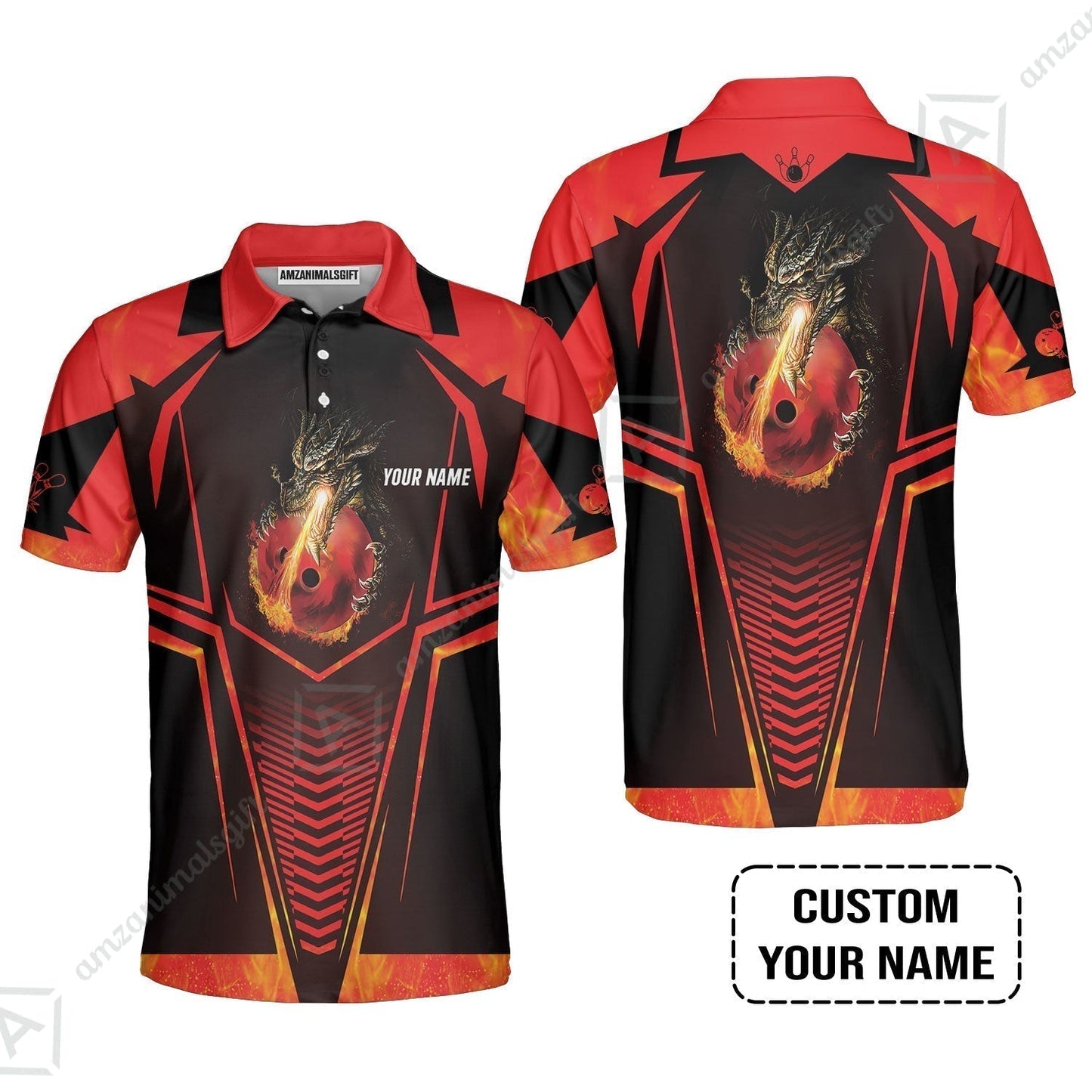 Bowling Custom T-Shirt, Custom Name Dragon Fire Flame Personalized Bowling T-Shirt