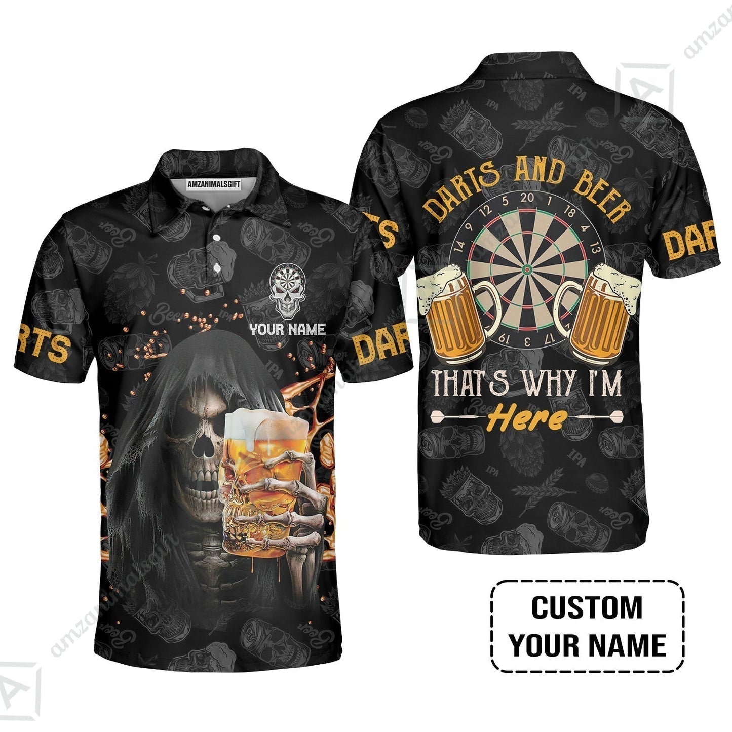Customized Name Darts T-Shirt, Darts And Beer That's Why I'm Here Personalized Skull And Darts T-Shirt