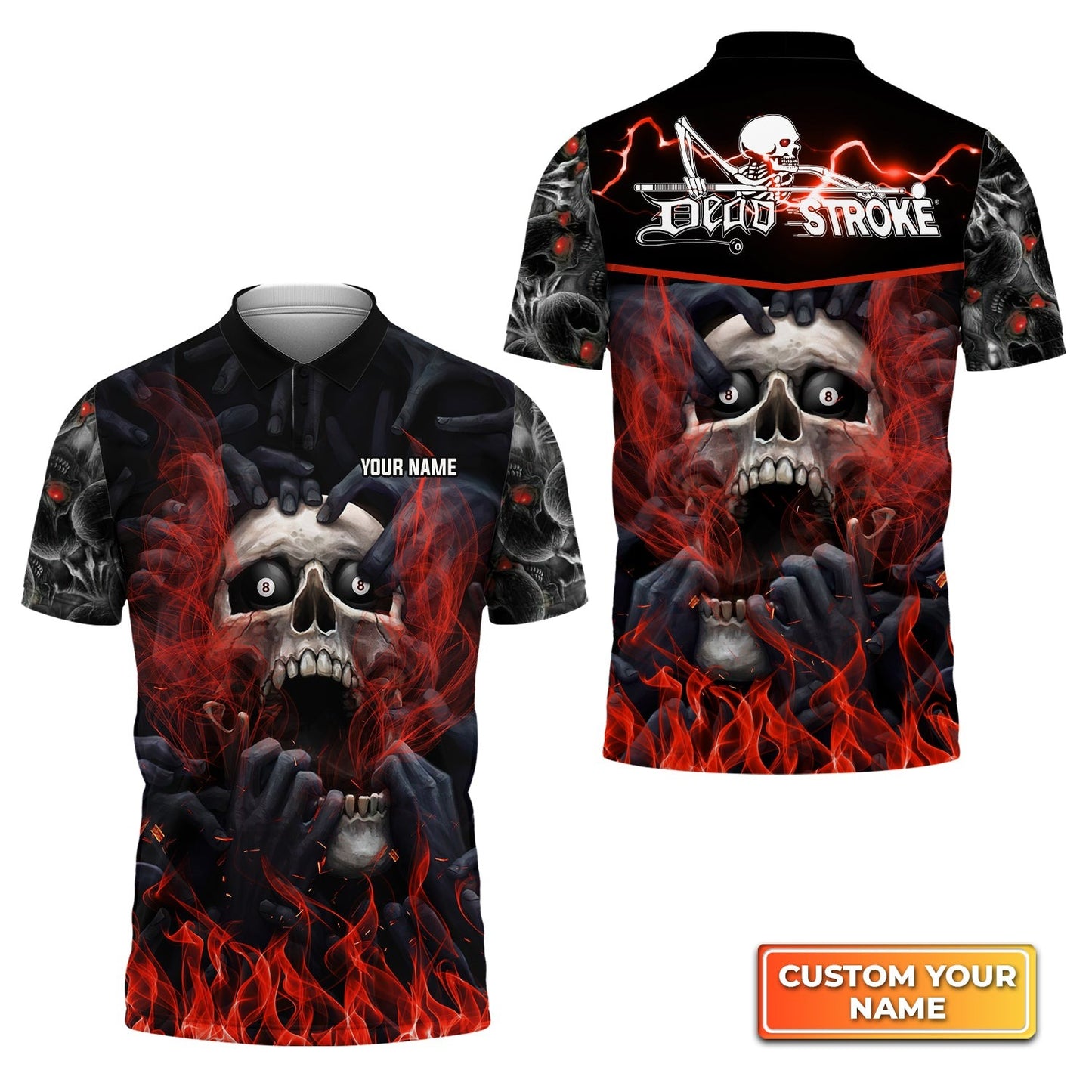 Custom Name Billiard Men Polo Shirt, Dead Stroke Skull On Fire Personalized 8 Ball Pool Billiards Polo Shirts, Gift For Billiard Lovers, Players