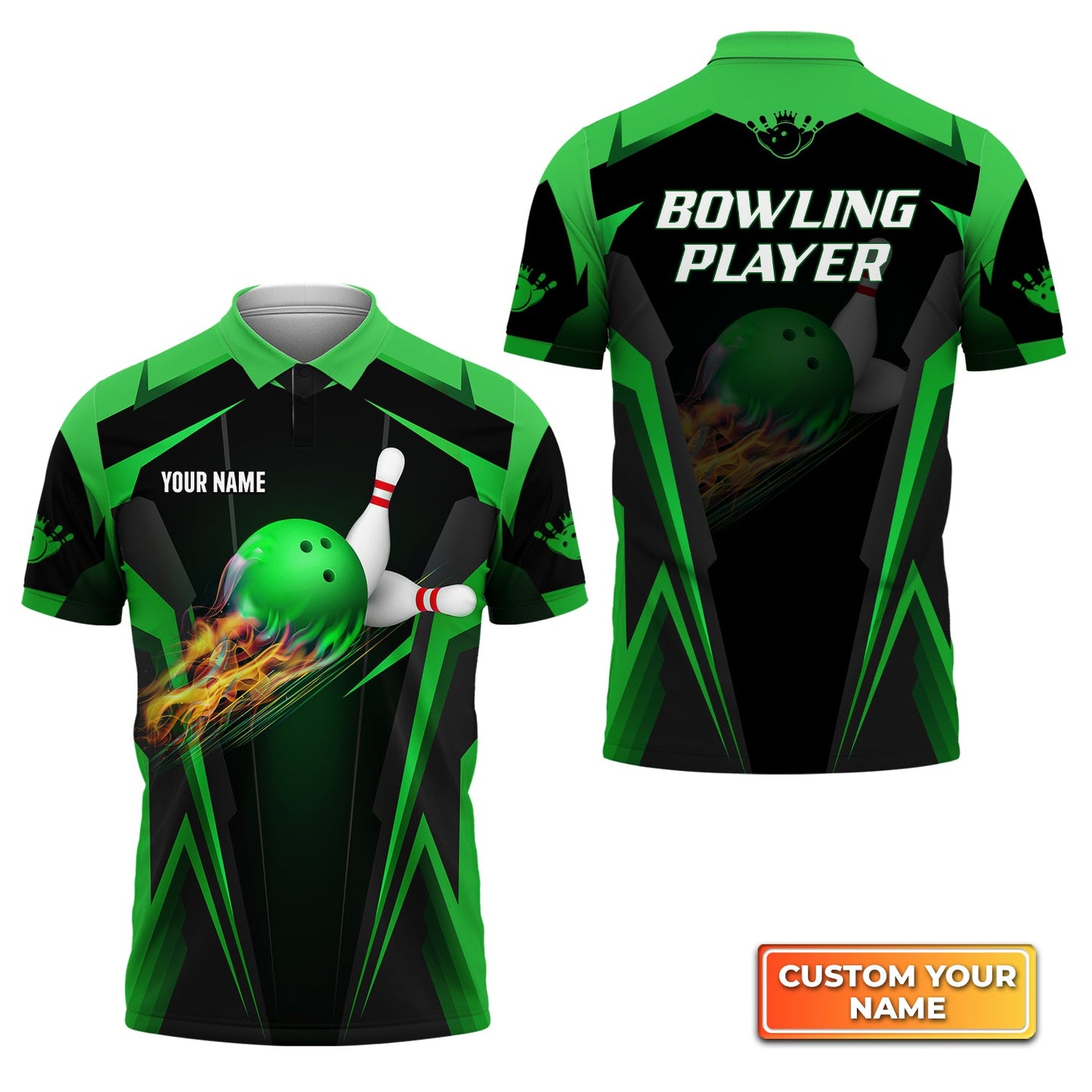 Bowling Custom Men Polo Shirt - Custom Name The Green Bowling Ball in Flames Breaks White Skittles Personalized Bowling Polo Shirt - Perfect Gift For Friend, Family