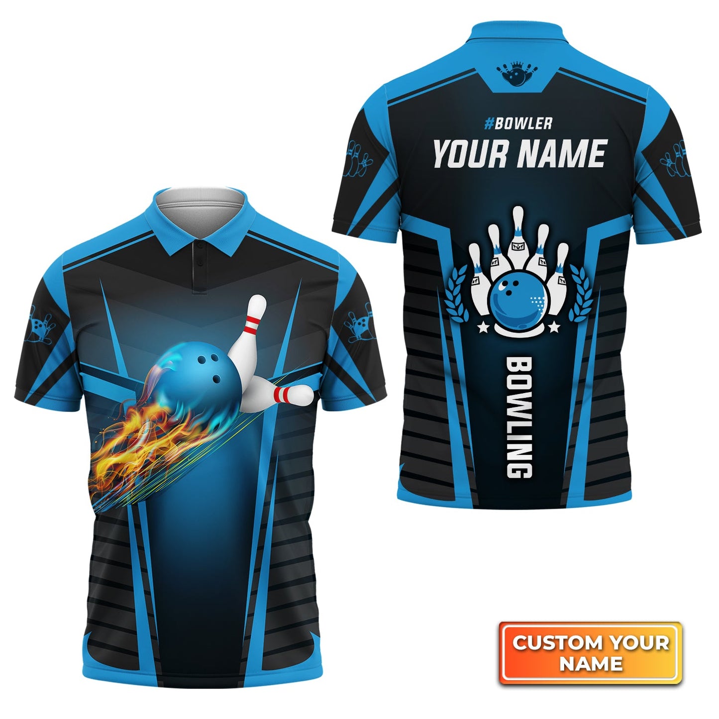 Bowling Custom Men Polo Shirt - Custom Name Bowler The Blue Bowling Ball in Flames Breaks White Skittles Personalized Bowling Polo Shirt - Perfect Gift For Friend, Family