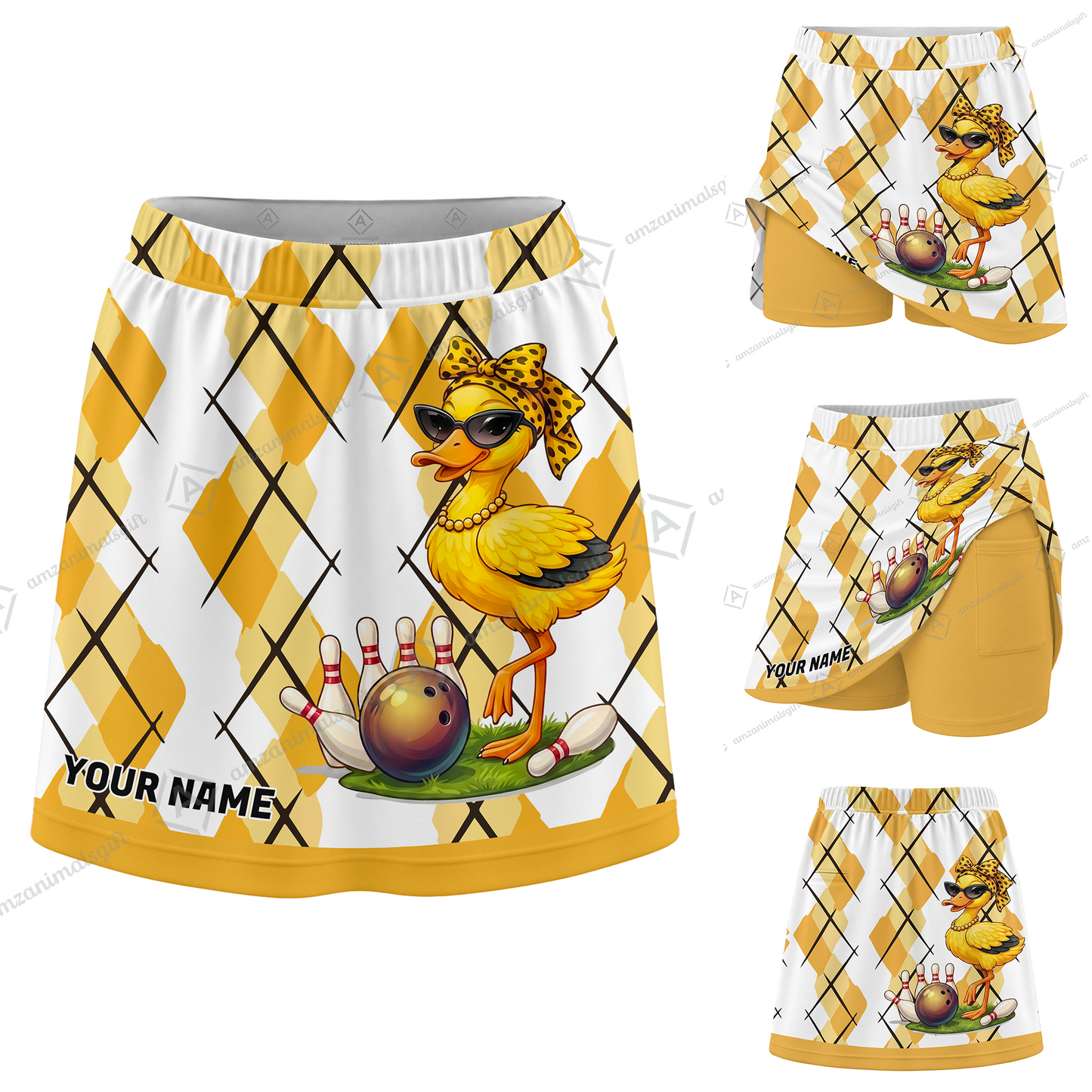 Customized Bowling Trouser Skirts With Shorts Underneath, Bowling Sassy Diva Duckling Argyle Skorts With Pockets