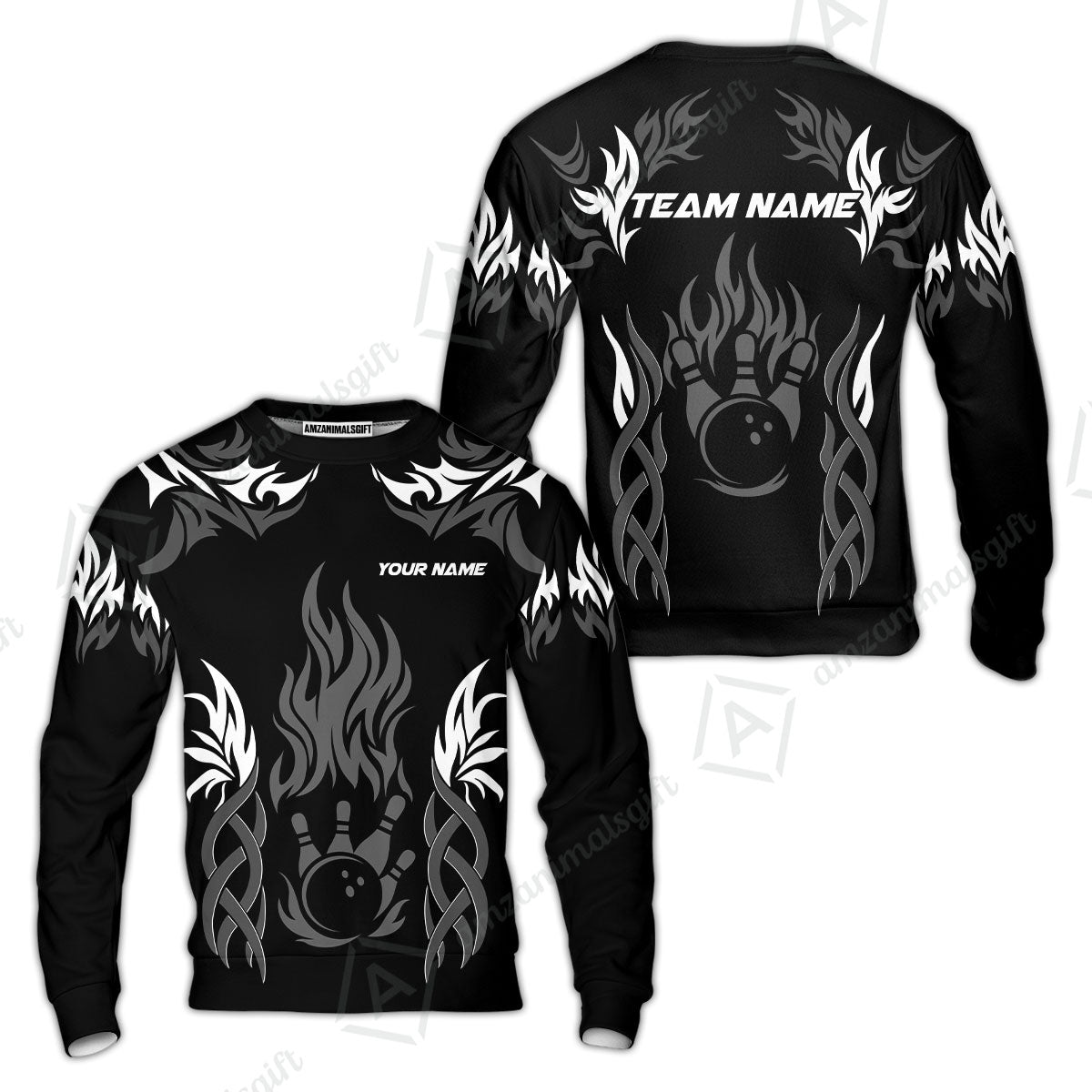Personalized Bowling Team Sweatshirt, Tribal And Bowling Flame Multi Option Customized Polo Shirt - Black