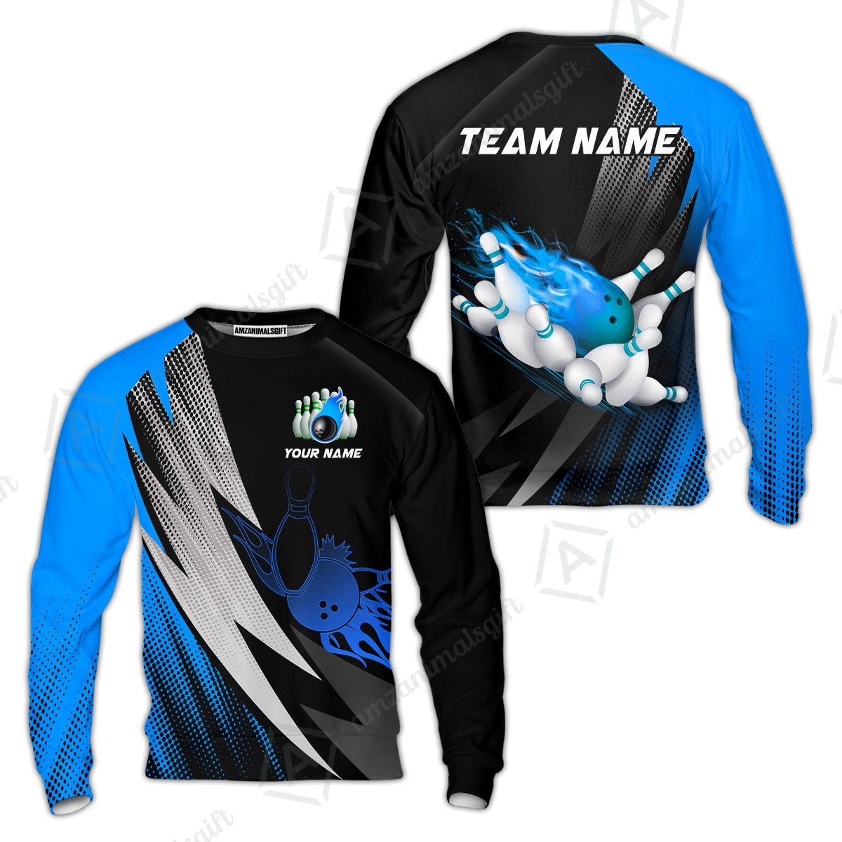Customized Bowling Sweatshirt, Bowling Ball And Pins Thunder Polka Dot Motifs Multicolor Option Customized Name And Team Polo Shirts