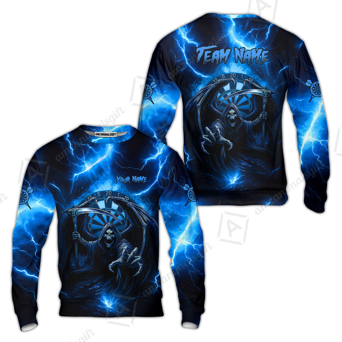 Customized Darts Sweatshirt, Darts Grim Reaper Thunder Lightning Turquoise And Blue Team Jersey For Darts Player