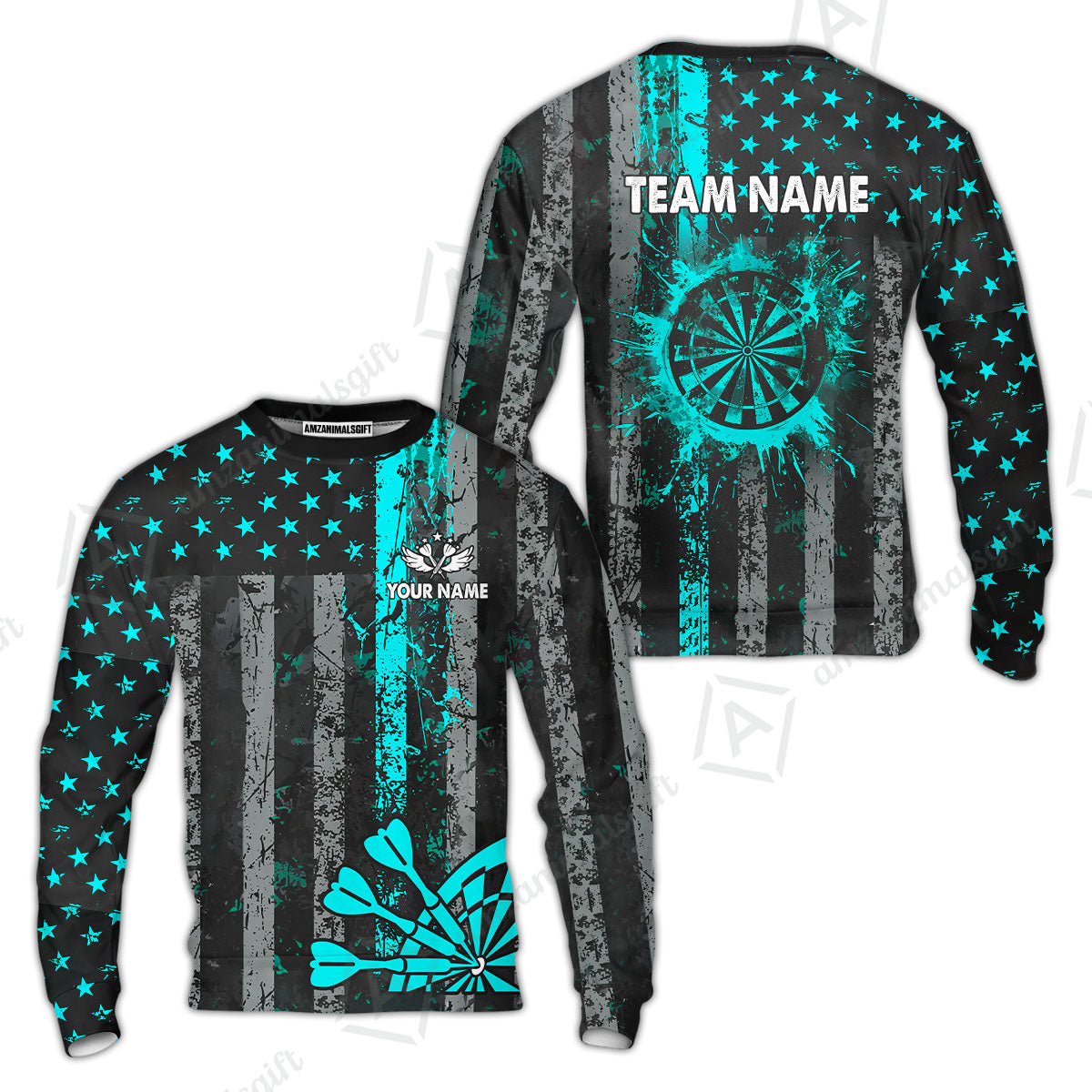 Customized Darts Sweatshirt, Turquoise Grunge US Flag Patriotic Darts Sweatshirt Jersey for Darts Players