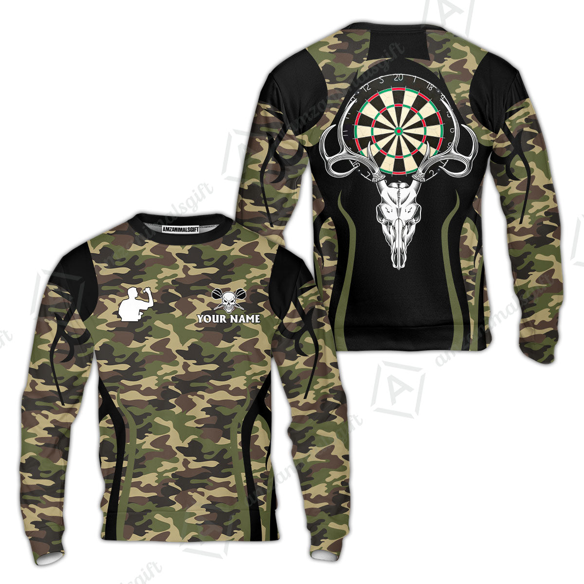 Darts Custom Name Sweatshirt, Camo Skull Deer Dartboard Personalized Sweatshirt- Gift For Darts Lovers, Friend, Darts Team Player
