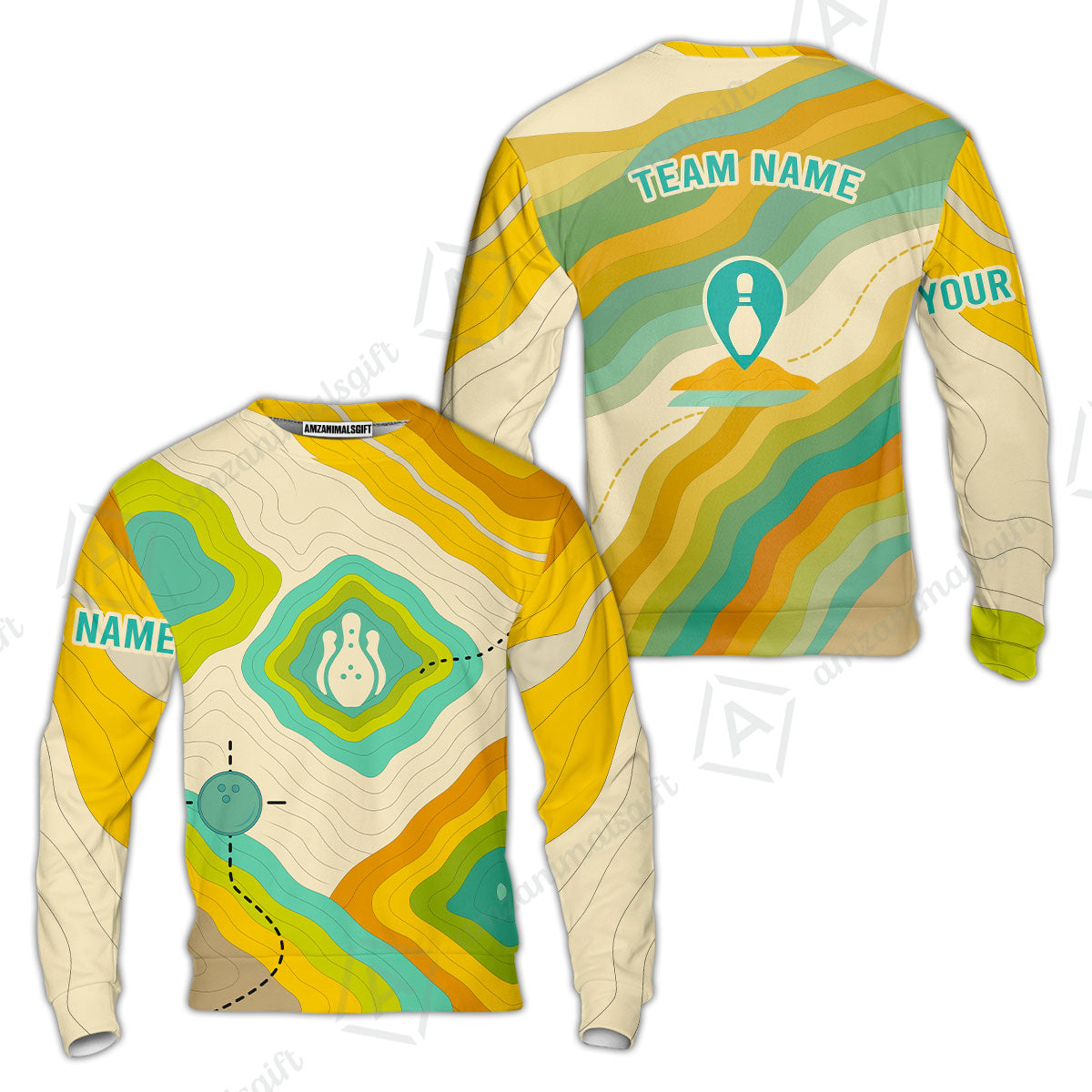Customized Vintage Bowling Sweatshirt, Topographic Map Trail Style Sweatshirt For Bowling Team, Bowlers