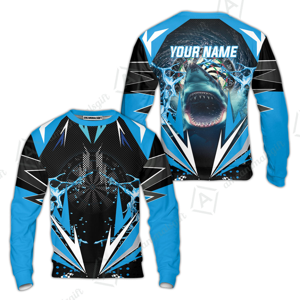 Shark And Darts Custom Name Sweatshirt, Whirlpool Bullseye Dartboard Personalized Sweatshirt - Gift For Darts Lovers, Friends, Team