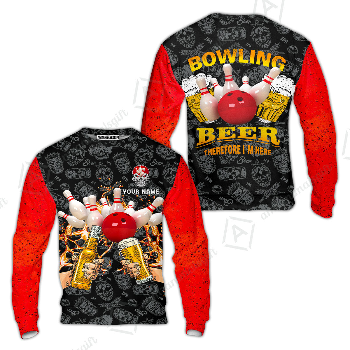 Bowling Long Polo Shirt Custom Name, Bowling and Beer Black Red Therefore I'm Here Personalized Long Polo Shirt