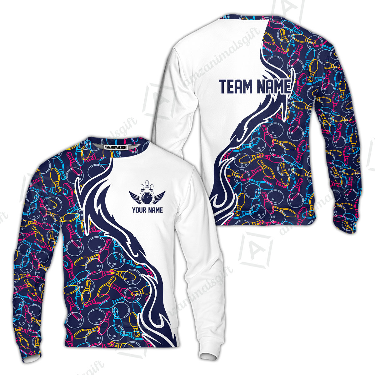 Customized Bowling Sweatshirt Skittles And Balls Outline Bowling Pattern Custom Name And Team Name For Bowlers