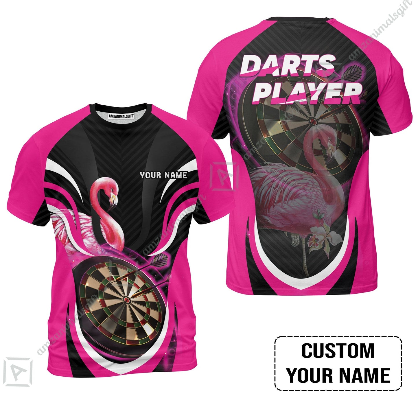 Customized Darts Zip Polo Shirt, Flamingo Darts Shirt, Personalized Name Darts Zip Polo Shirt