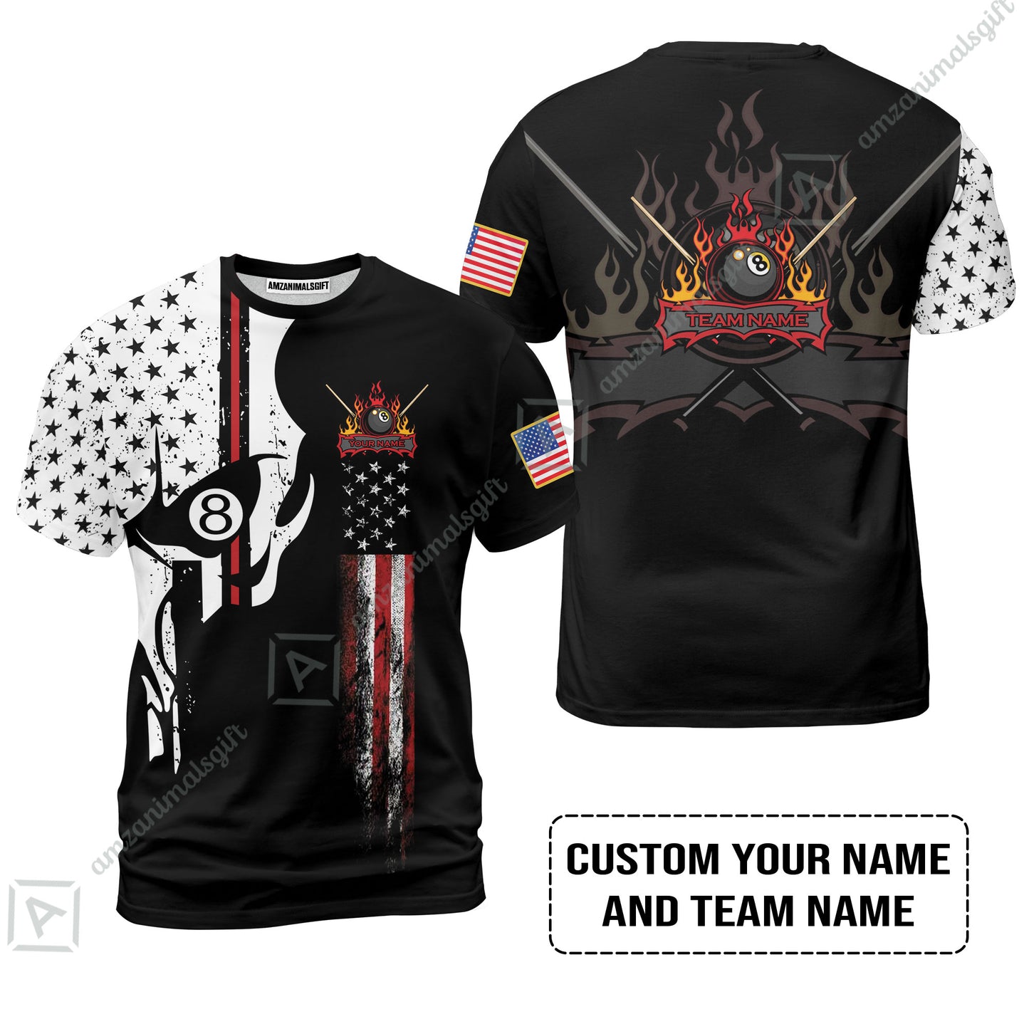 Billiards Custom Men Polo Shirt 8-ball Skull Billiards Pool Custom Polo Shirt, Personalized American Flag Billiards Polo Shirt