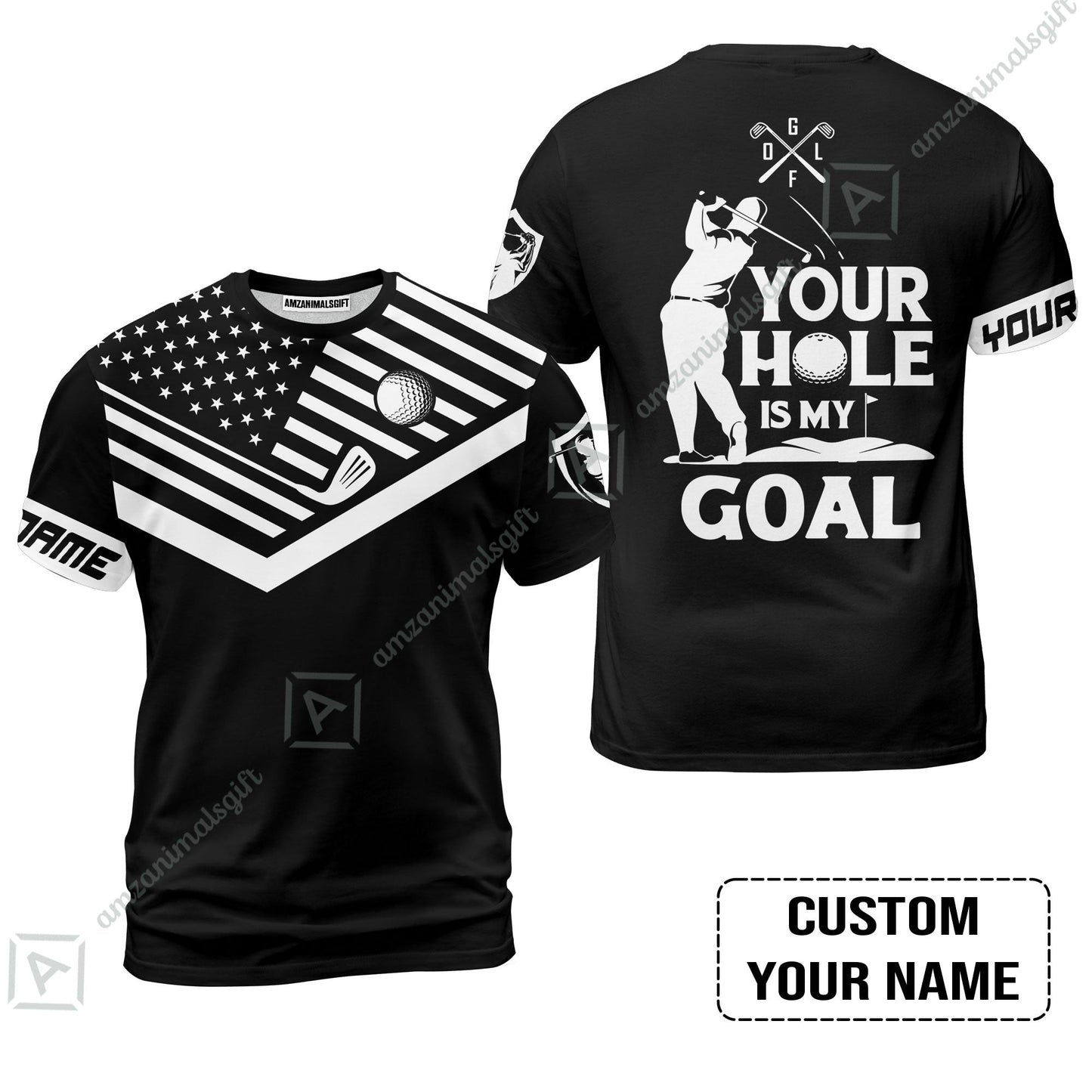 Custom Golf Zip Polo Shirt - Your Hole Is My Goal Custom Name Black American Flag Zip Polo Shirt