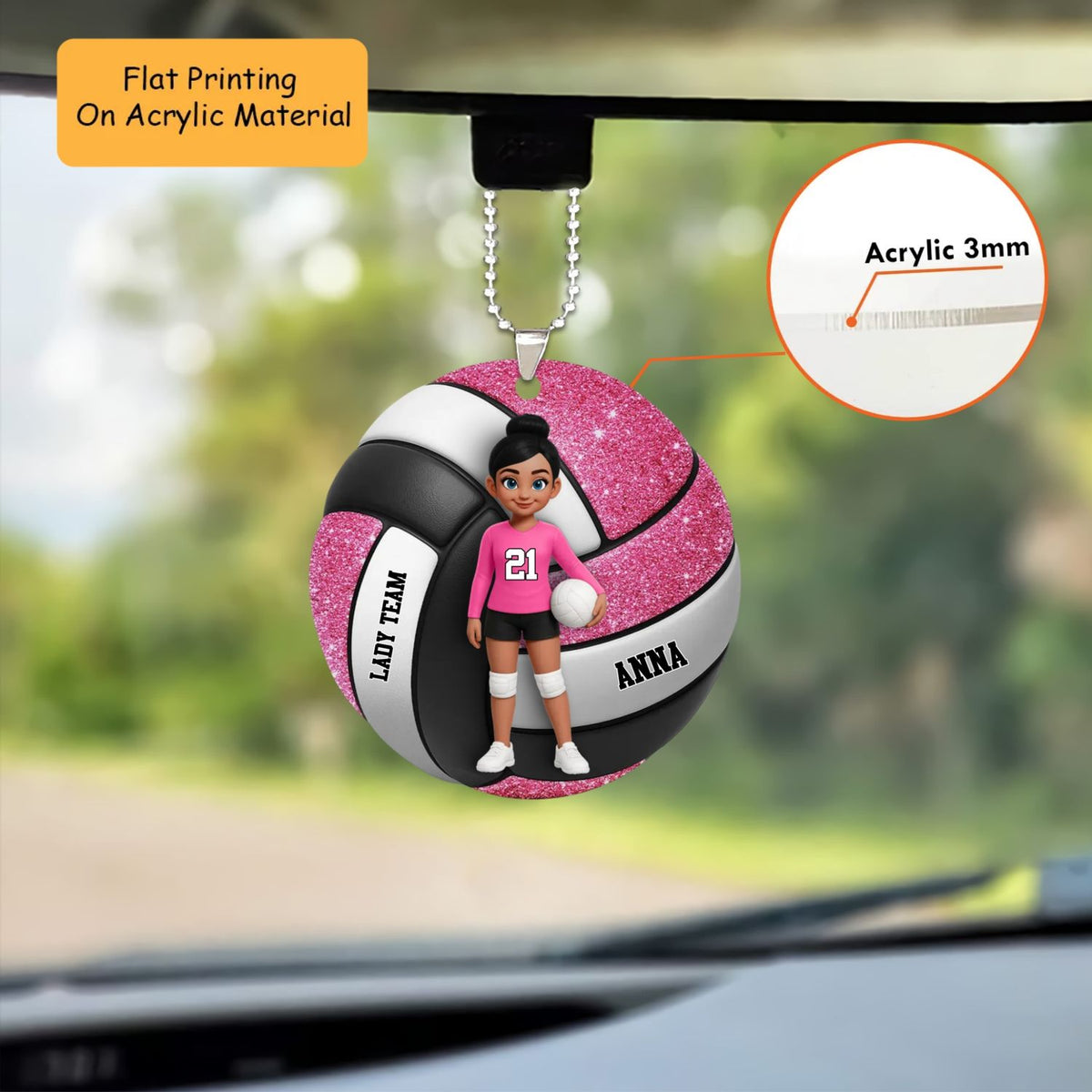 Personalized Girl Volleyball Christmas Ornament, Female Player On Glitter Volleyball Background, Custom Ornament Christmas Gift, Keychain Volleyball, Car Ornament Volleyball
