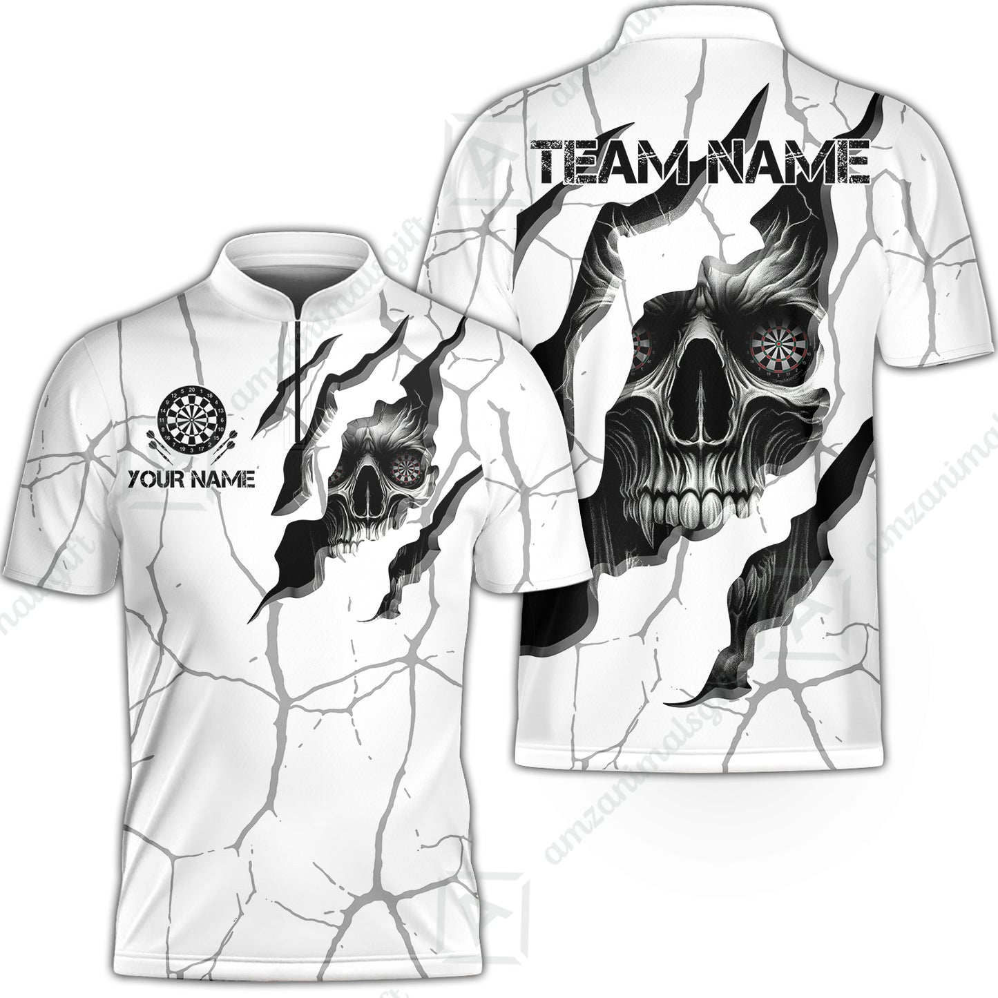 Customized Darts Stand Collar Quarter-Zip Shirt, Torn-Up Skull Dartboard Eyes Darts Team Style Jersey for Darts Players