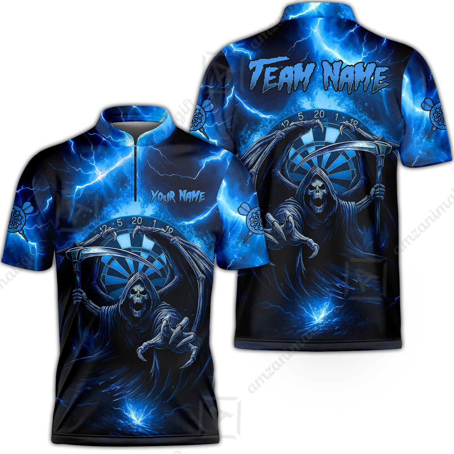 Customized Darts Stand Collar Quarter-Zip Shirt, Darts Grim Reaper Thunder Lightning Turquoise Jersey For Darts Player