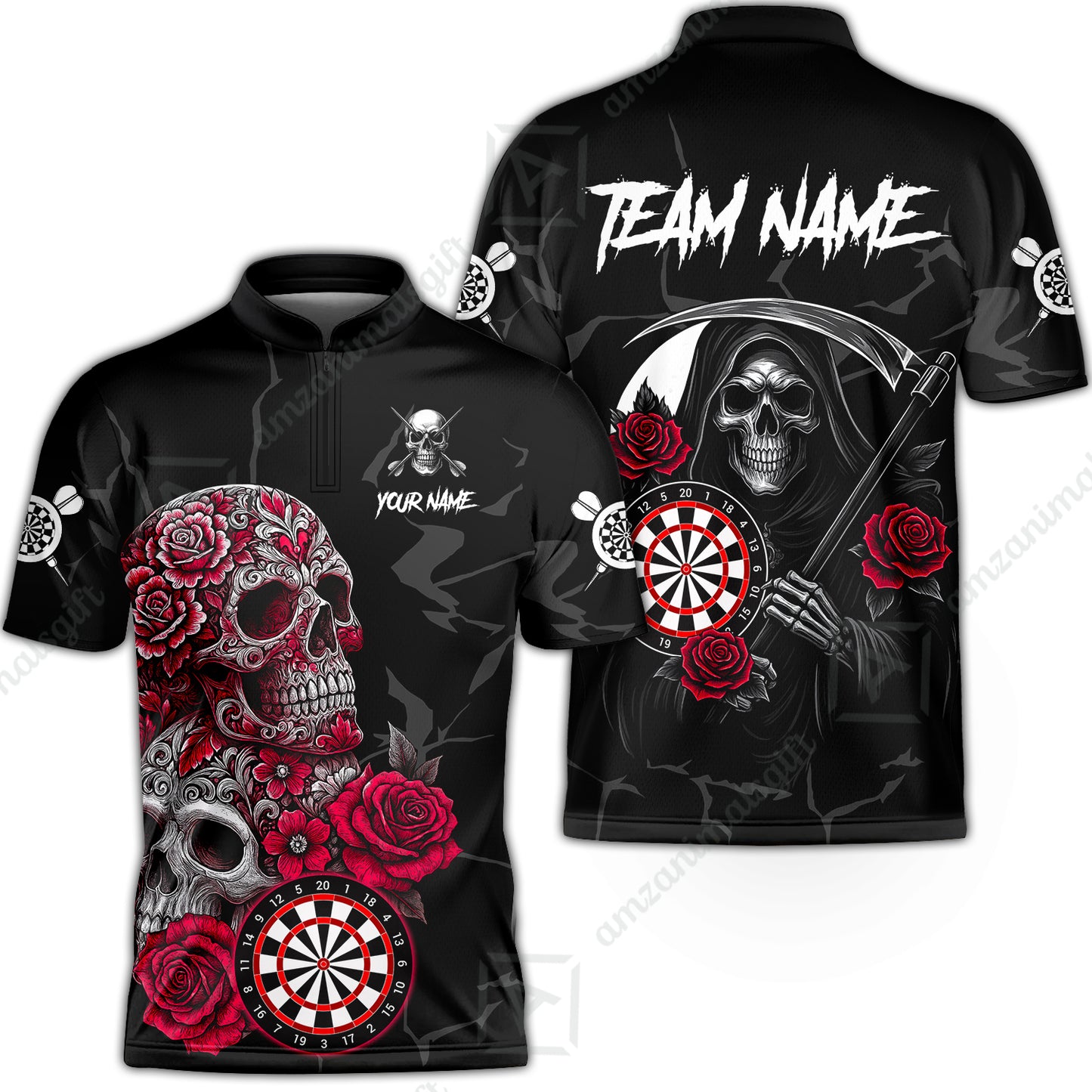 Customized Darts Stand Collar Quarter-Zip Shirt, Darts Turquoise Skull Roses Dartboard Style Jersey for Darts Players