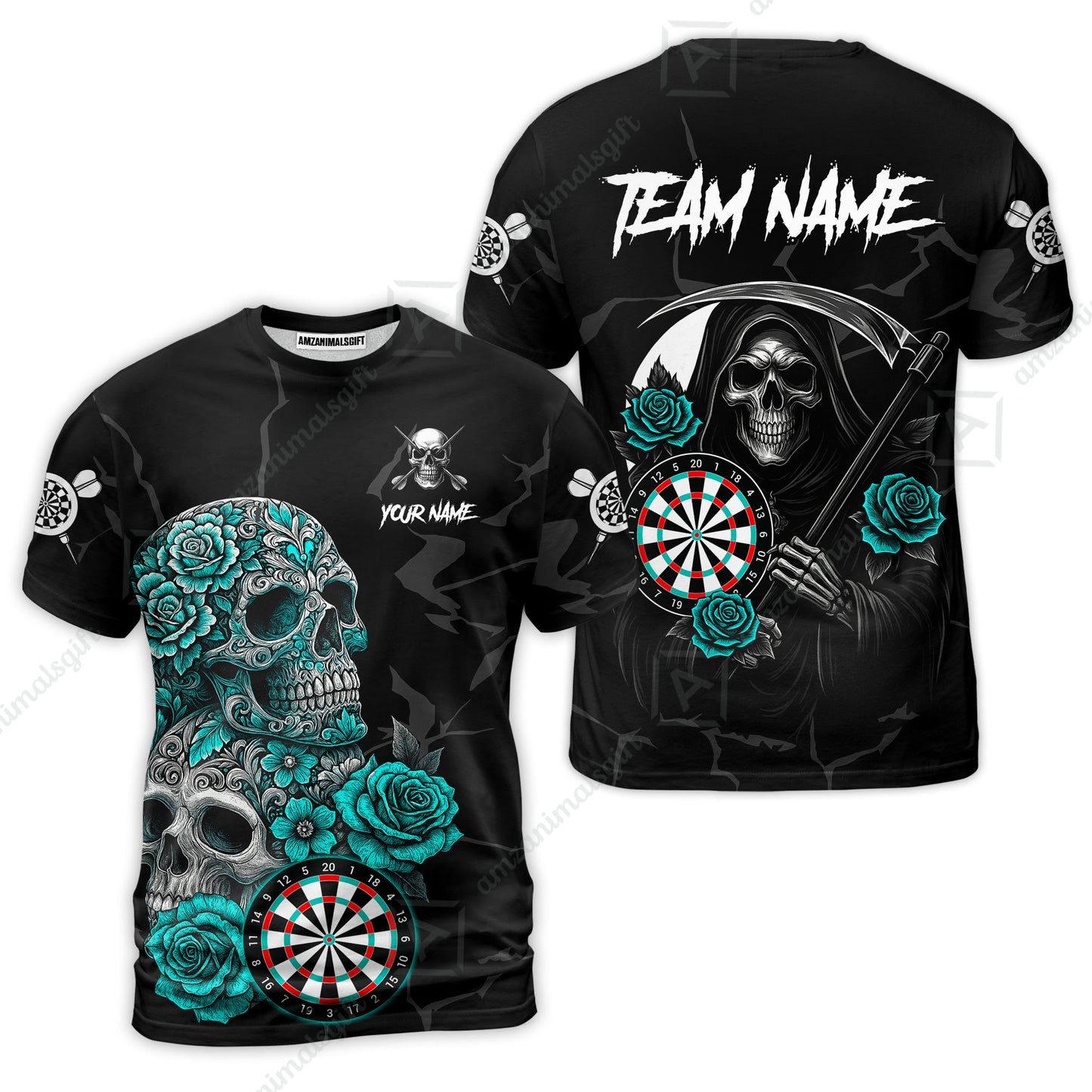 Customized Darts T-Shirt, Darts Turquoise Skull Roses Dartboard T-Shirt Team Style Jersey for Darts Players