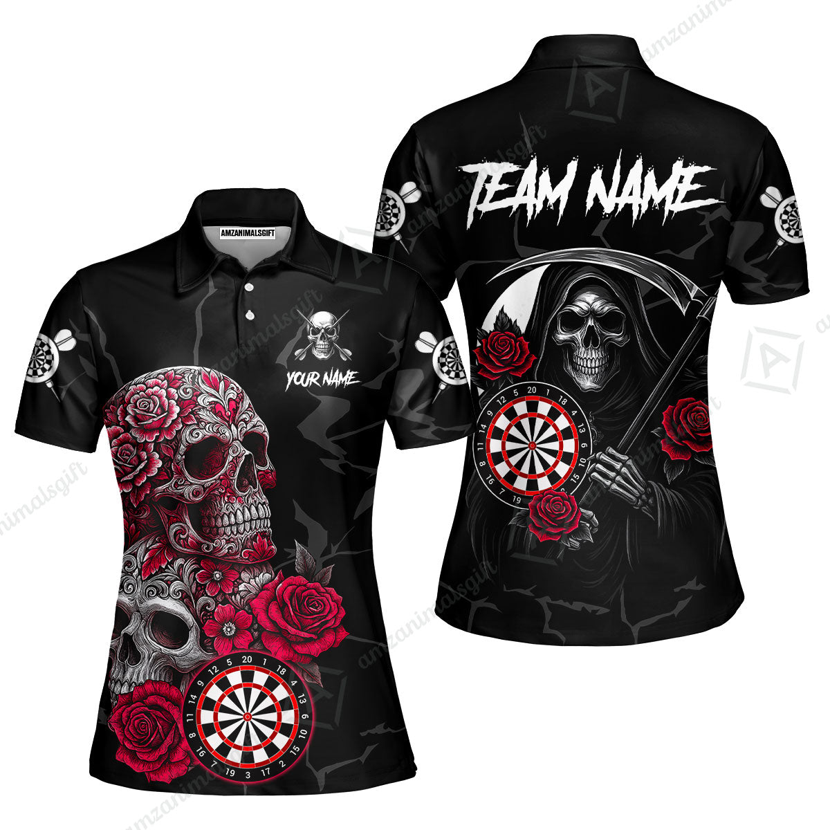 Customized Darts Women Polo Shirt, Darts Turquoise Skull Roses Dartboard Women Polo Shirt Style Jersey for Darts Players
