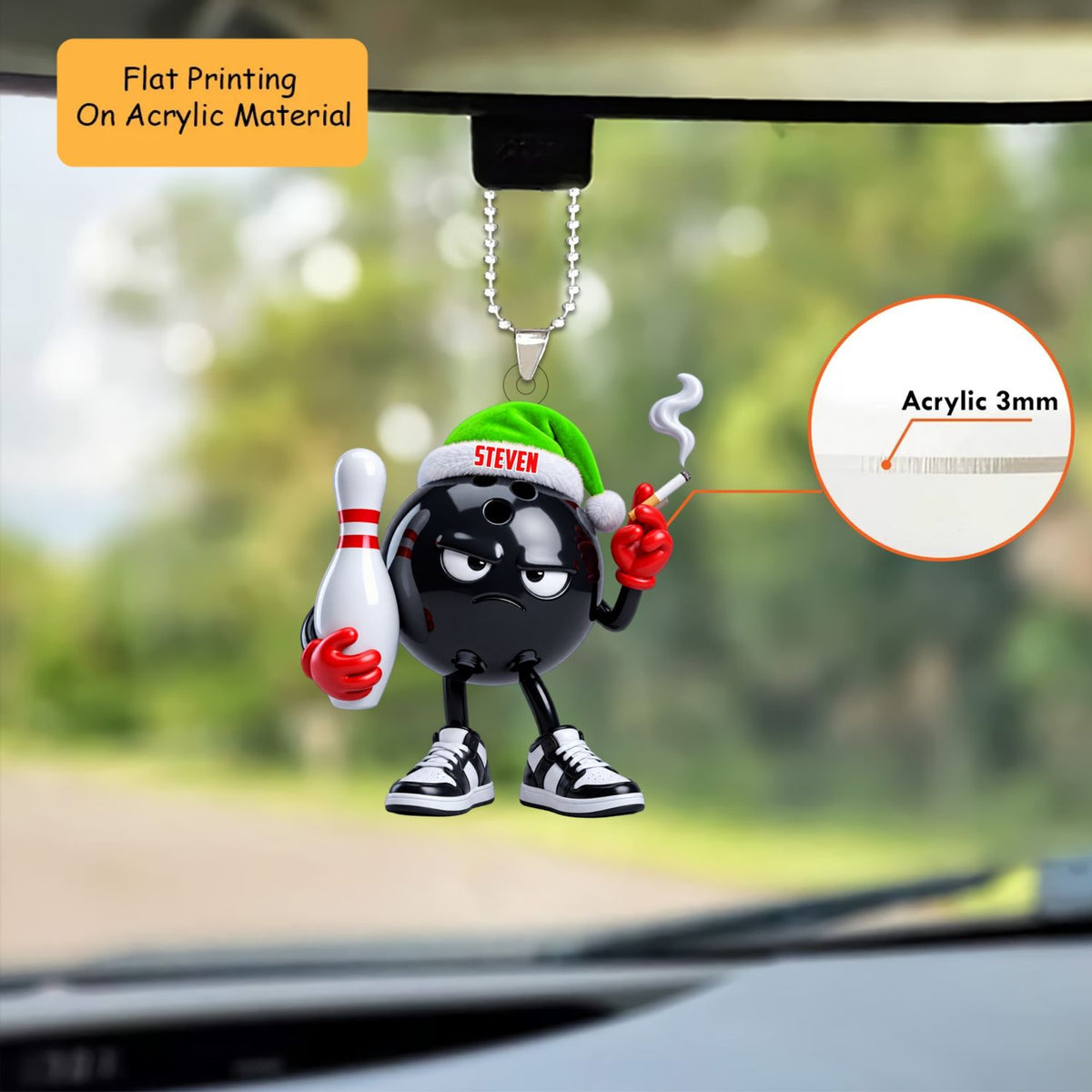 Personalized Badass Bowler Christmas Ornament, Grumpy Black Ball Smoking Cigarette, Custom Ornament Christmas Gift, Keychain Bowling, Car Ornament Bowling