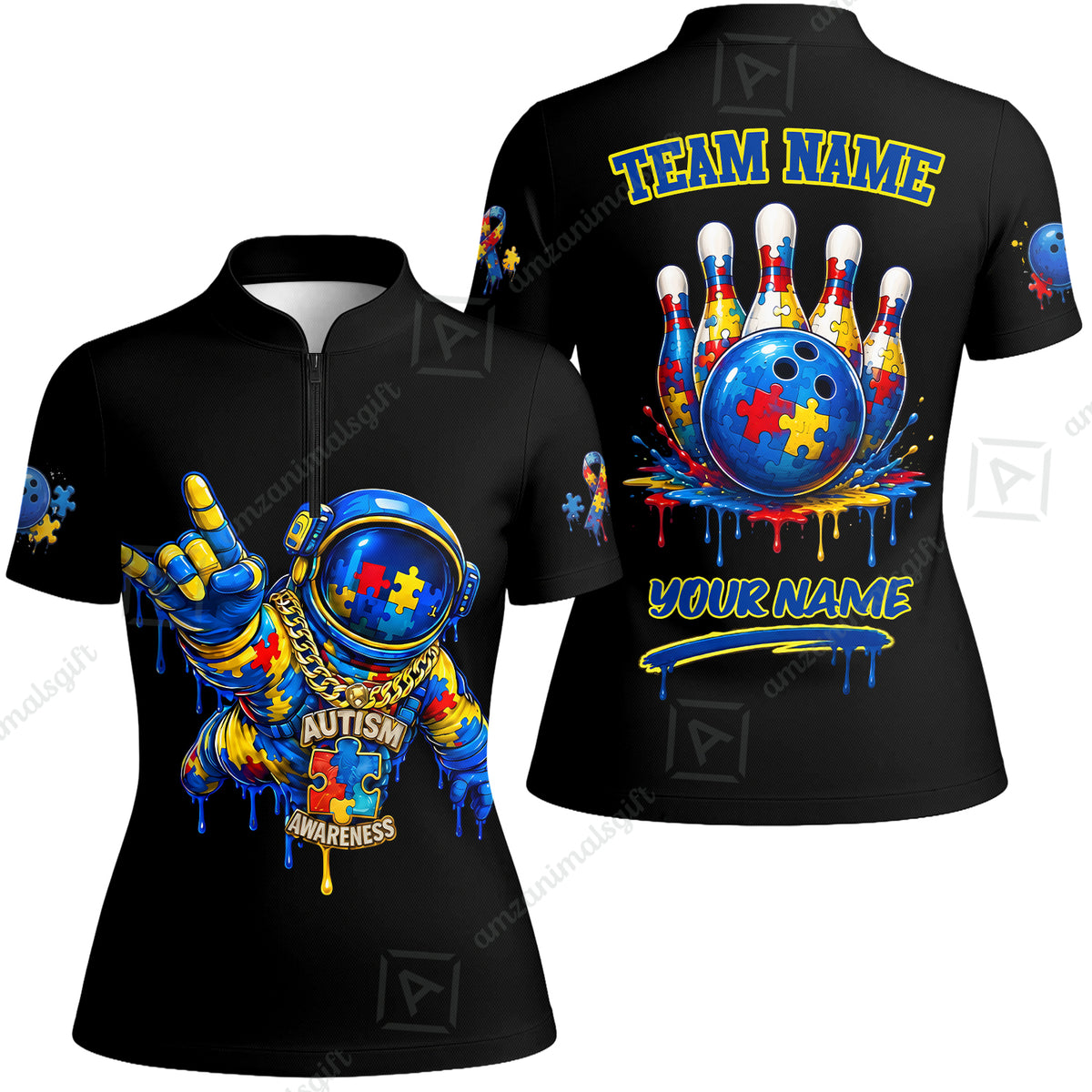 Customized Rainbow Puzzle Astronaut Awareness Bowling Jersey, Custom Name And Team Name For Bowlers