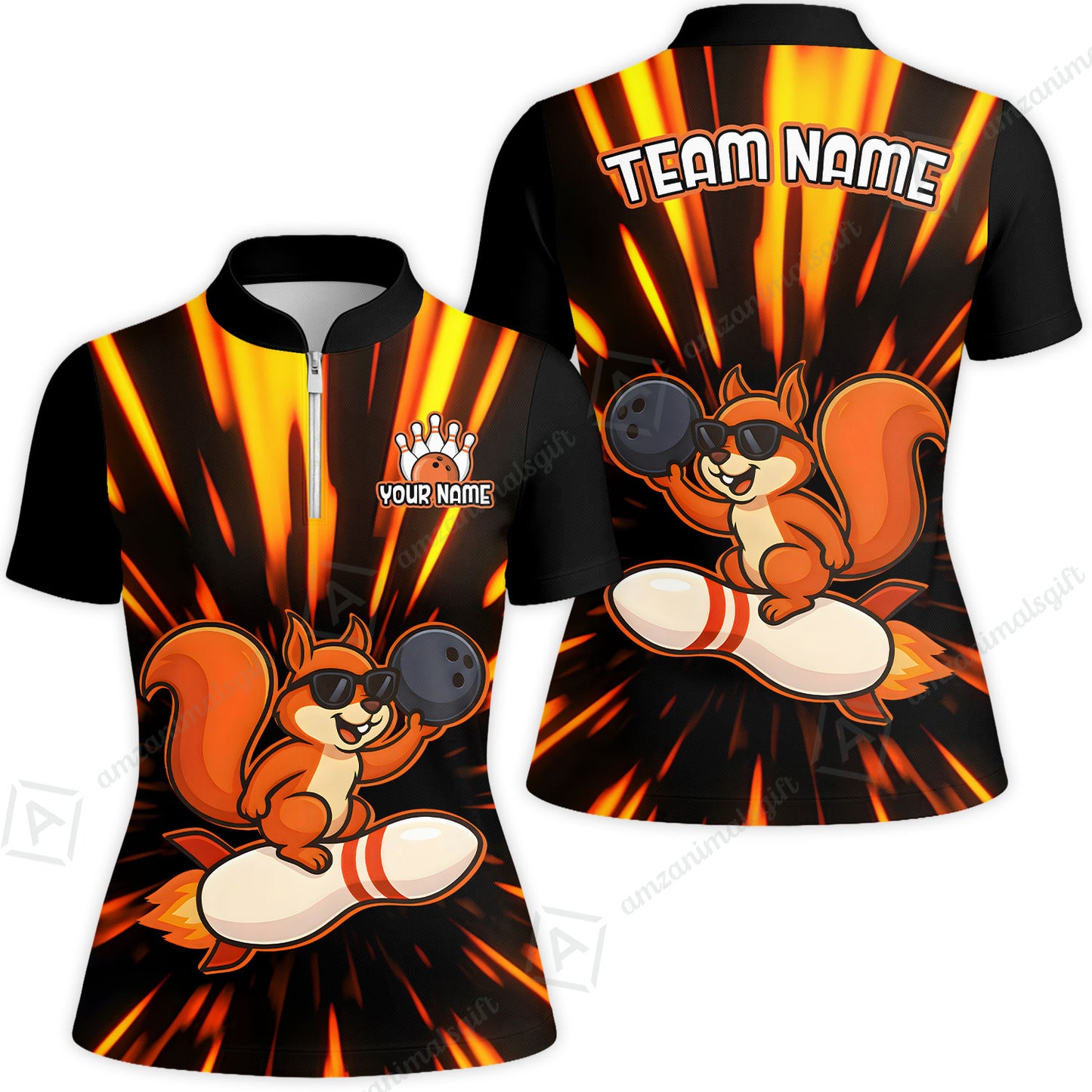 Funny Bowling Custom Polo T-Shirt - Fun Cartoon Flame With Squirrel Wearing Sunglasses, Personalized Bowling Jersey Polo Shirts