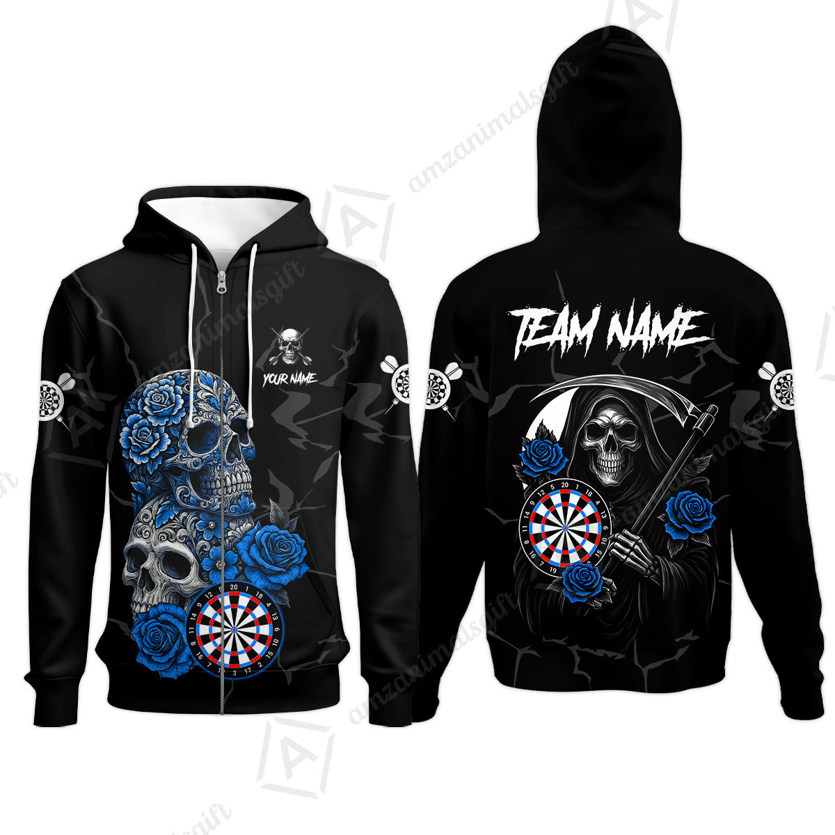 Customized Darts Zip Hoodie, Darts Turquoise Skull Roses Dartboard Zip Hoodie Style Jersey for Darts Players