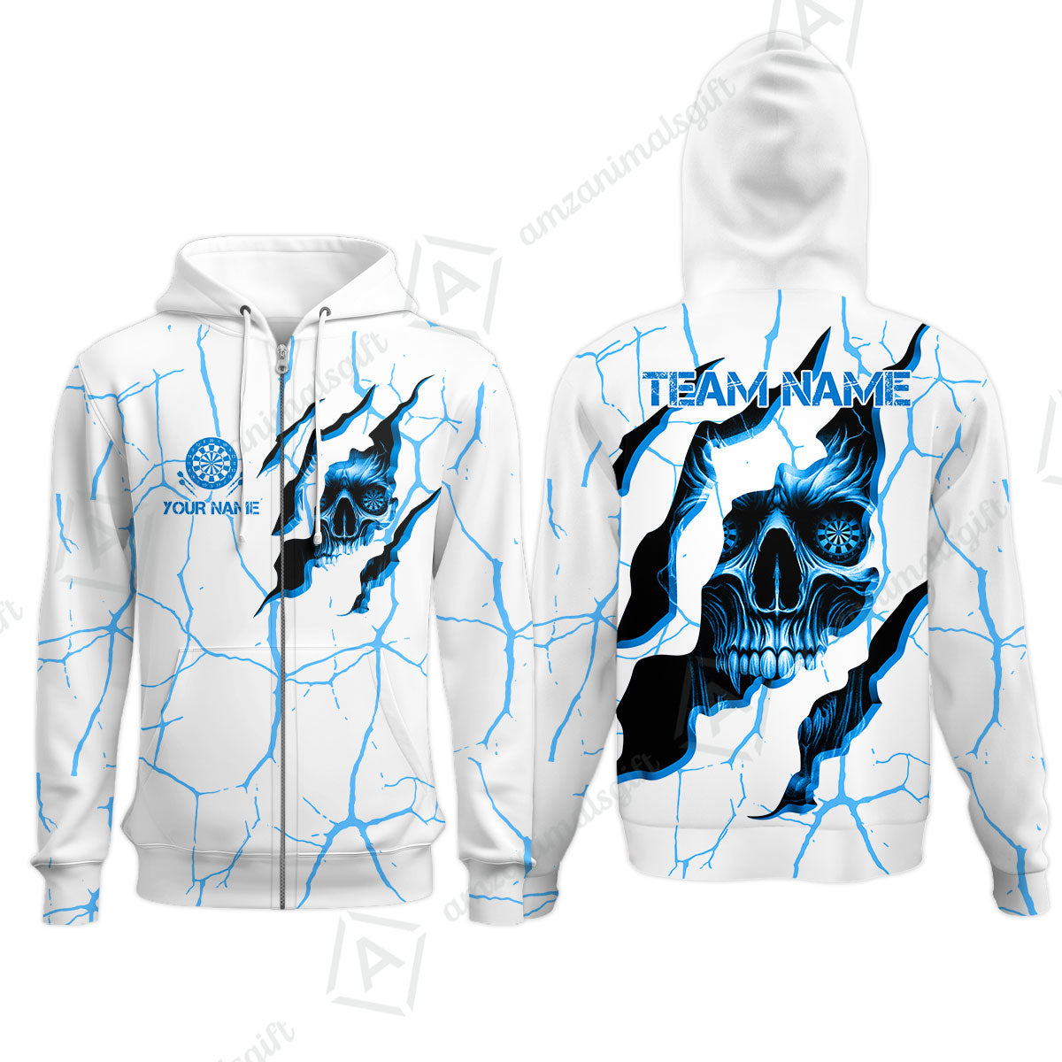 Customized Darts Zip Hoodie, Torn-Up Skull Dartboard Eyes Darts Zip Hoodie Team Style Jersey for Darts Players