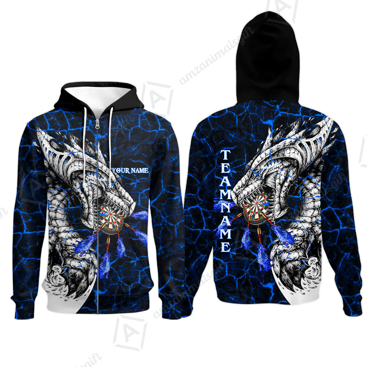 Customized Darts Team Zip Hoodie, Darts And Dragon With Magma Personalized Zip Hoodie For Darts Players