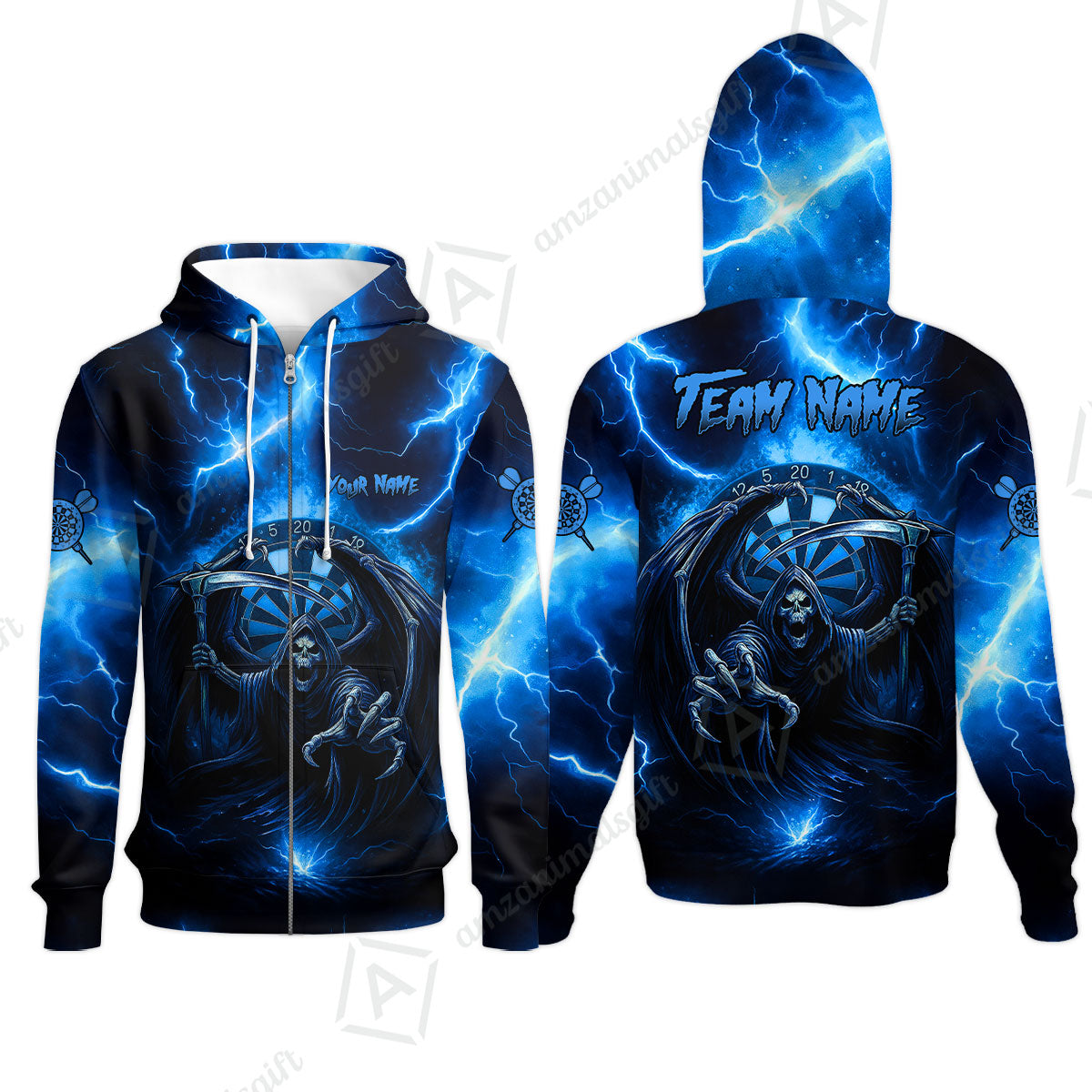 Customized Darts Zip Hoodie, Darts Grim Reaper Thunder Lightning Turquoise And Blue Team Jersey For Darts Player