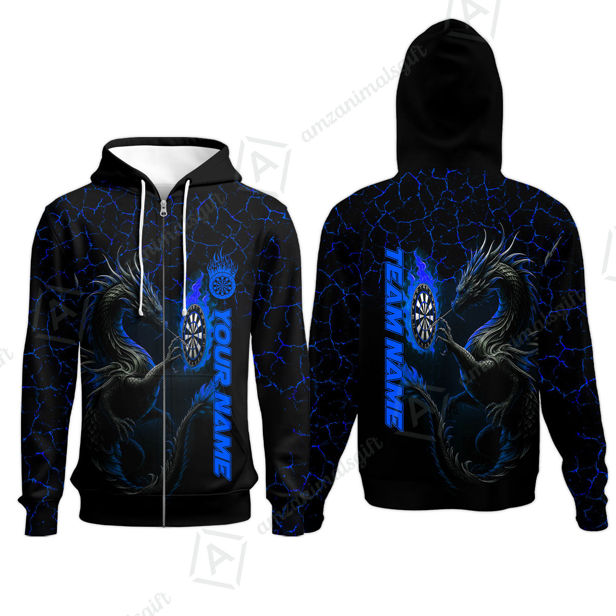 Customized Darts Zip Hoodie, Big Dragon Dartboard Flame Darts Zip Hoodie Team Style Jersey for Darts Players