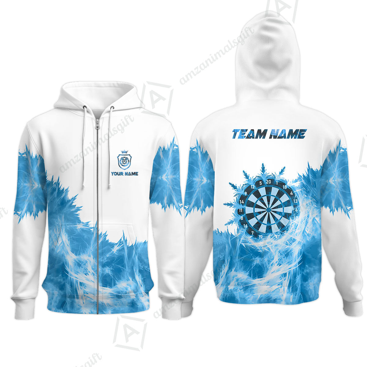 Customized Darts Zip Hoodie, Darts Icy Light White And Multi Color Team Zip Hoodie Jersey For Darts Player