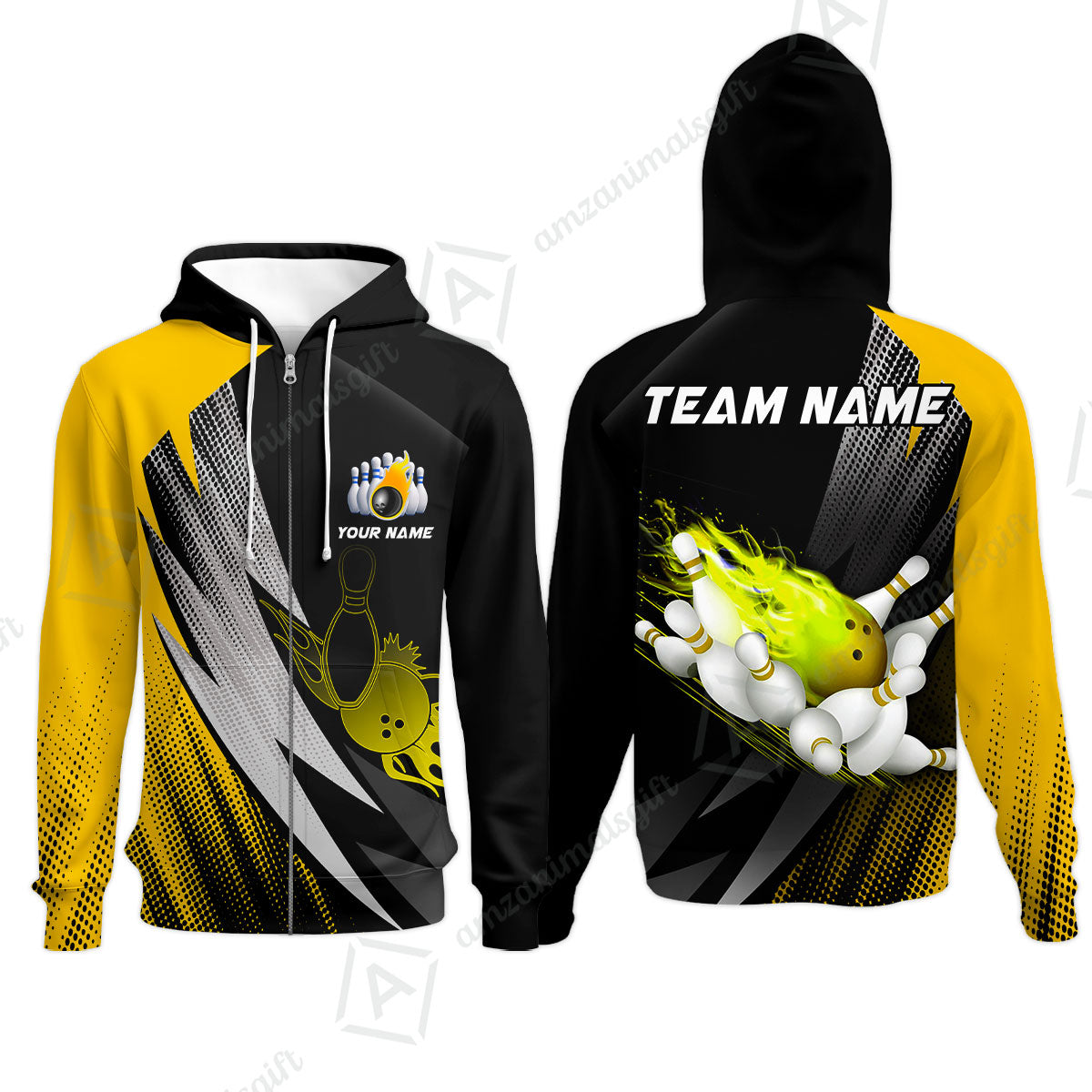 Customized Bowling Zip Hoodie, Bowling Ball And Pins Thunder Polka Dot Motifs Multicolor Option Customized Name And Team Polo Shirts