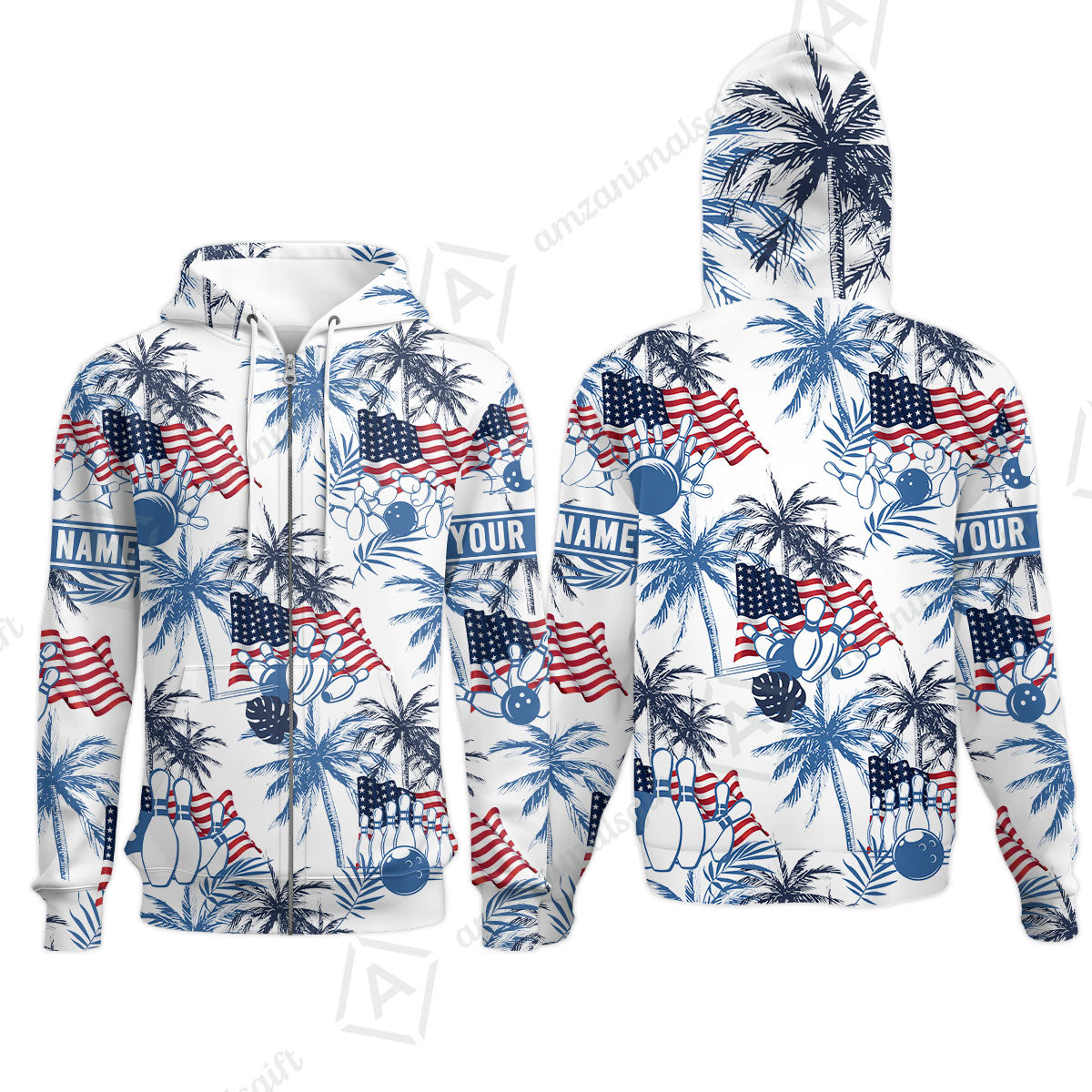 Customized Tropical American-style Bowling Zip Hoodie With Palm Trees, Flags – Perfect For Summer Bowling Vibes
