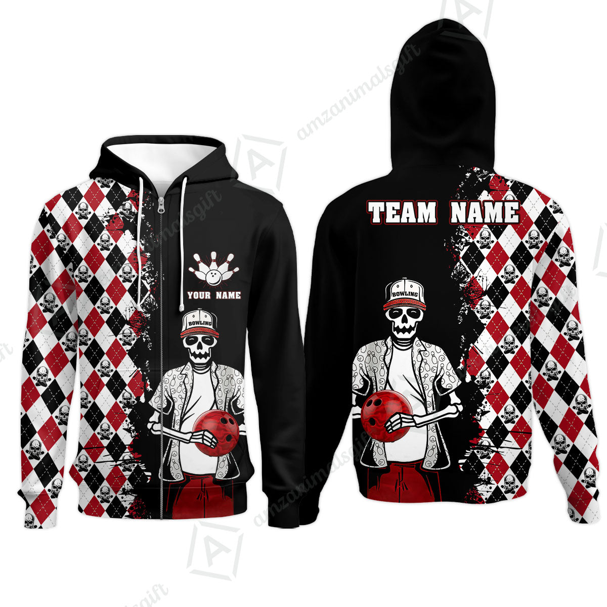 Bowling Custom Bowling Zip Hoodie - Custom Name Skull Men, Argyle Bowling Pattern Personalized Bowling Polo Shirt - Perfect Gift For Friend, Family