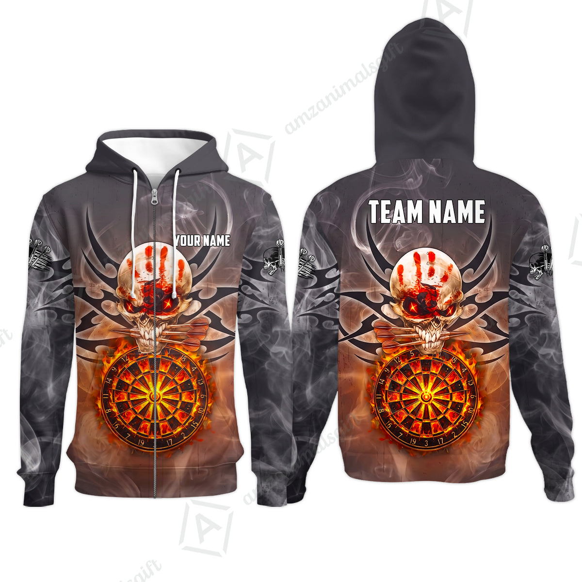 Custom Darts Jersey Polo Shirt, Glowing Fire Skull Tribal, Custom Dart Jersey Team Shirt For Players With Name & Team Name