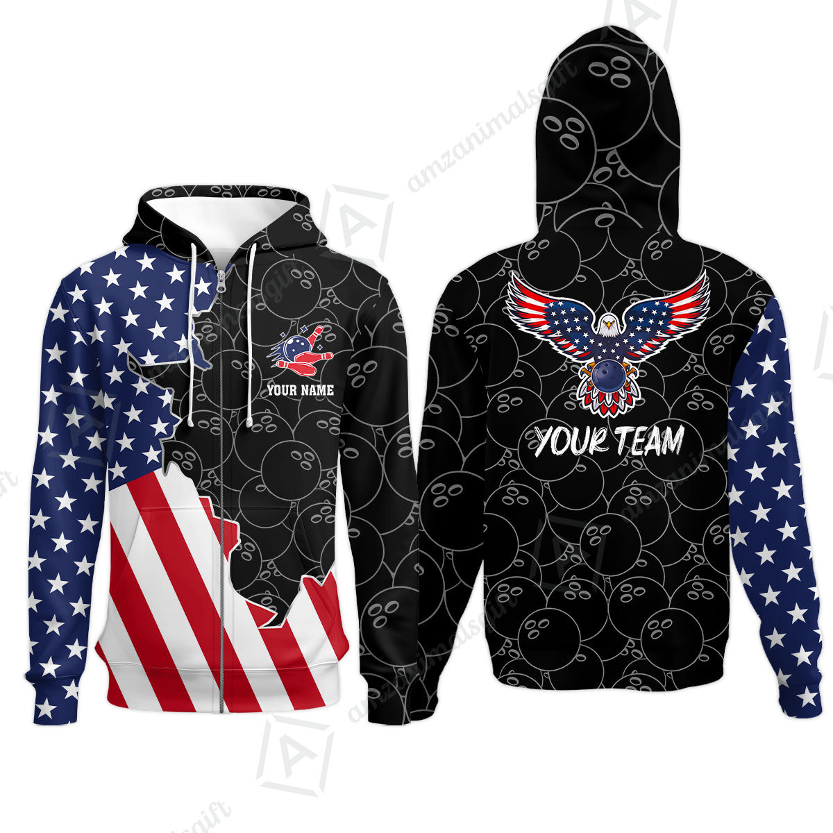 Custom Bowling Team Uniform American Flag with Eagle Symbol, Personalized Name And Team Name