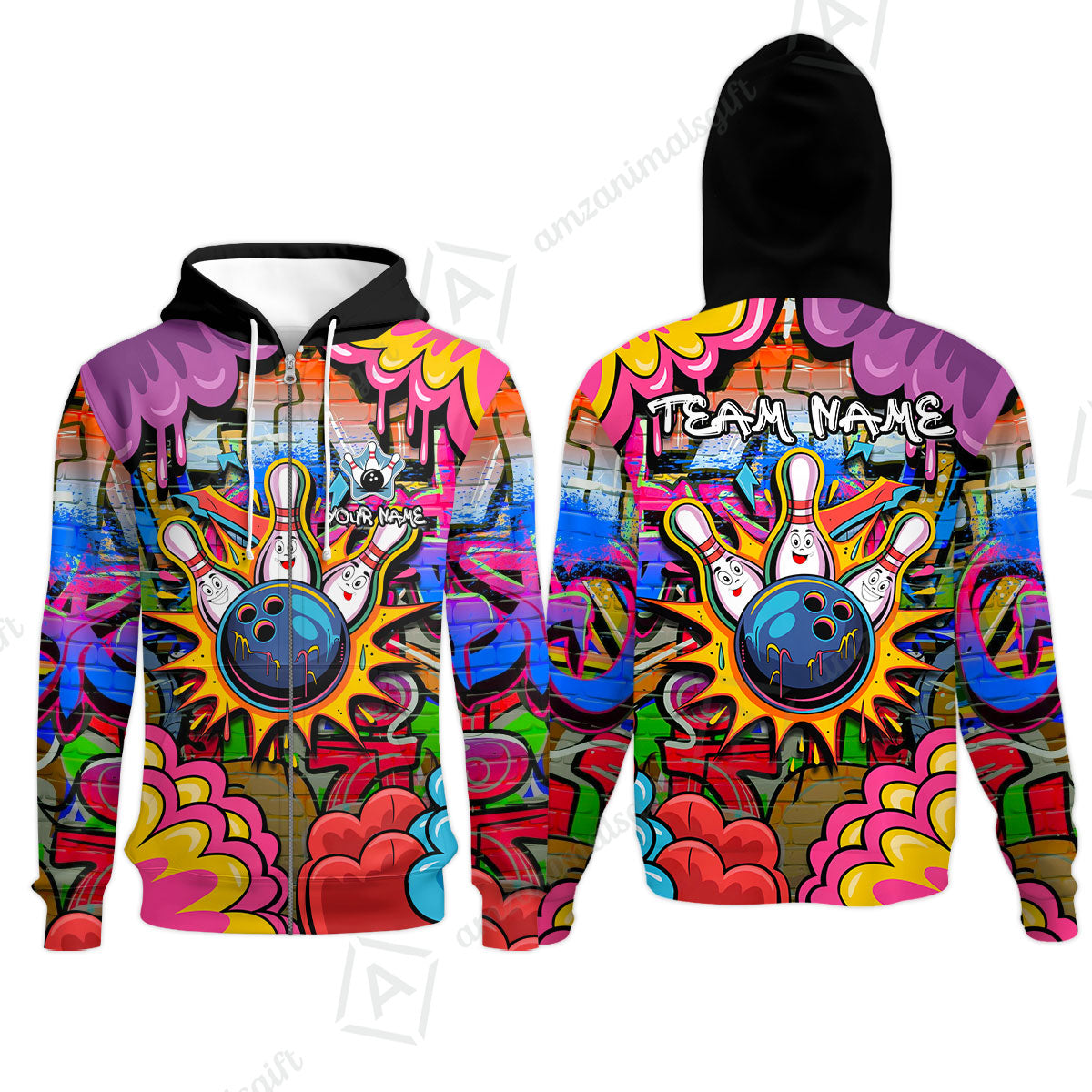 Custom Street Graffiti Bowling Team Jerseys Polo Shirts, Bowling uniforms, Street Graffiti Colorful Bowling Personalized Name And Team Name