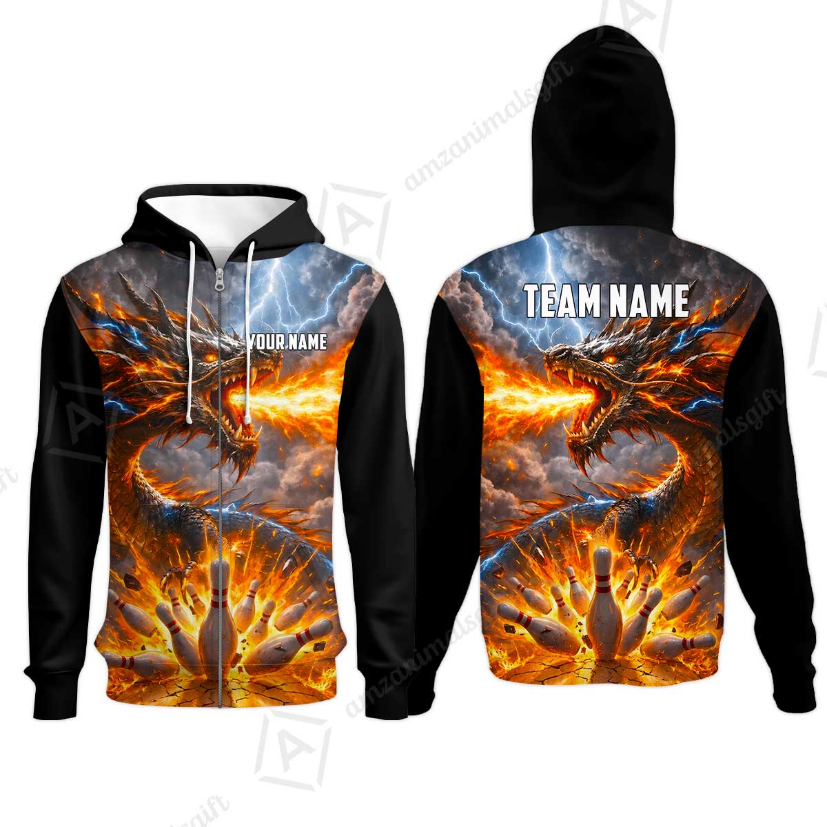 Customized Blazing Fire Dragon & Thunder Strike Bowling Jersey, Custom Name And Team Name For Bowlers