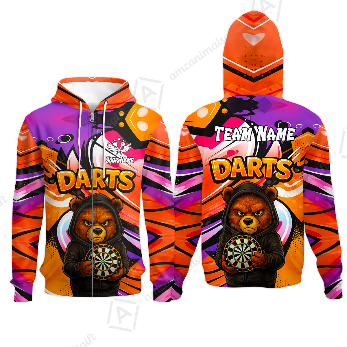 Customized Darts Team Uniform Shirt, Custom Darts Team Collar Quarter-Zip, Personalized Bear Darts Shirt with Name & Team Name