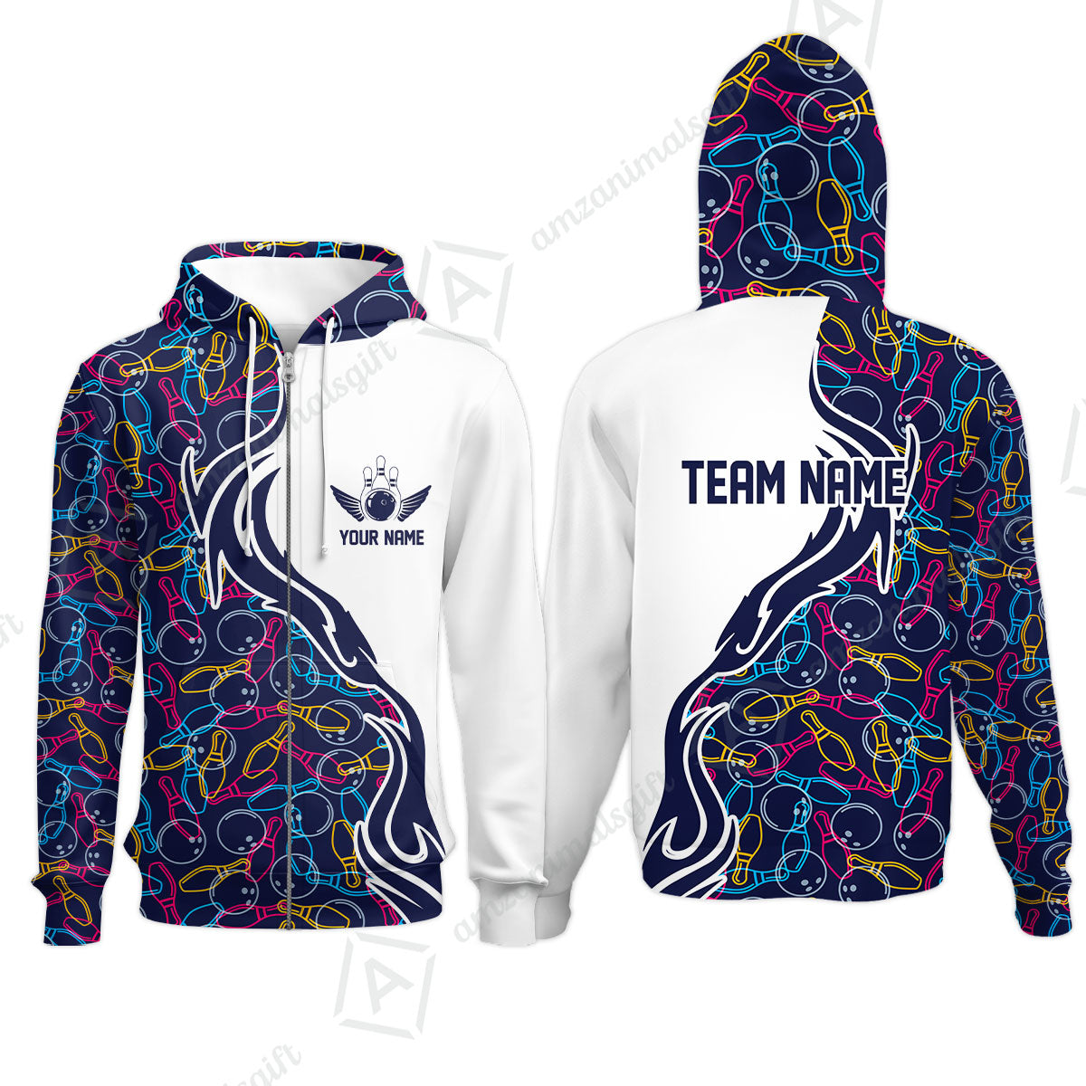 Customized Bowling Zip Hoodie Skittles And Balls Outline Bowling Pattern Custom Name And Team Name For Bowlers