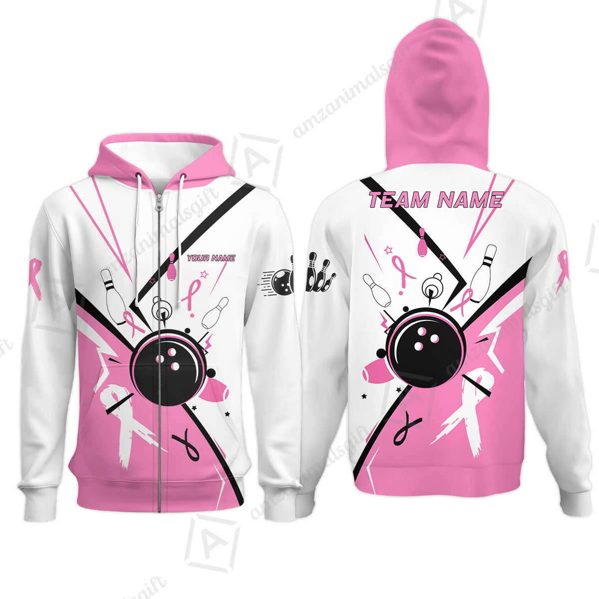 Custom Bowling Team Uniform Jerseys Pink and White sportswear with Ribbon, Bowling Shirt Personalized Name And Team Name