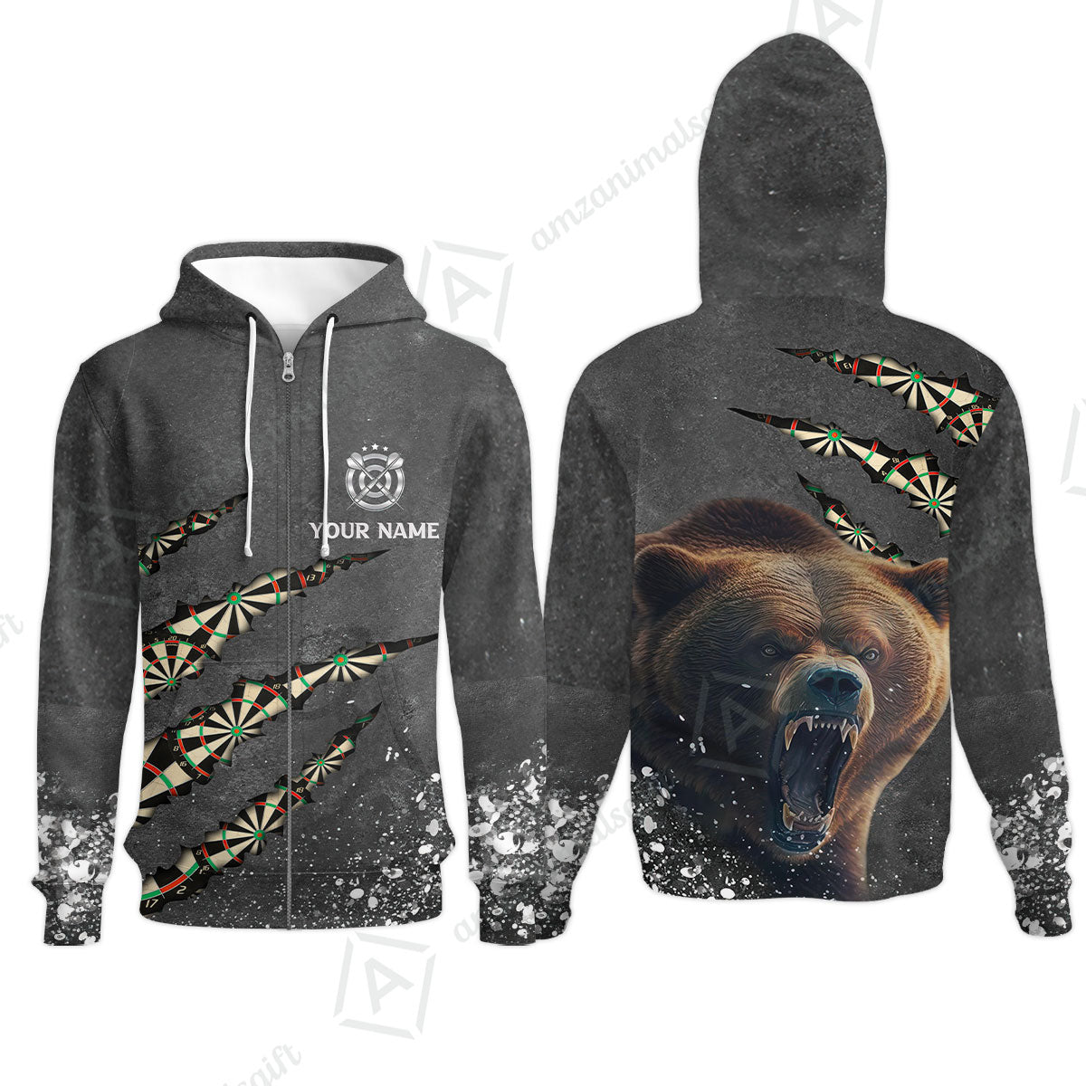 Darts Customized Name Zip Hoodie, Darts Paints Splash, Personalized Name Bear Zip Hoodie- Perfect Gift For Darts Lovers, Darts Players
